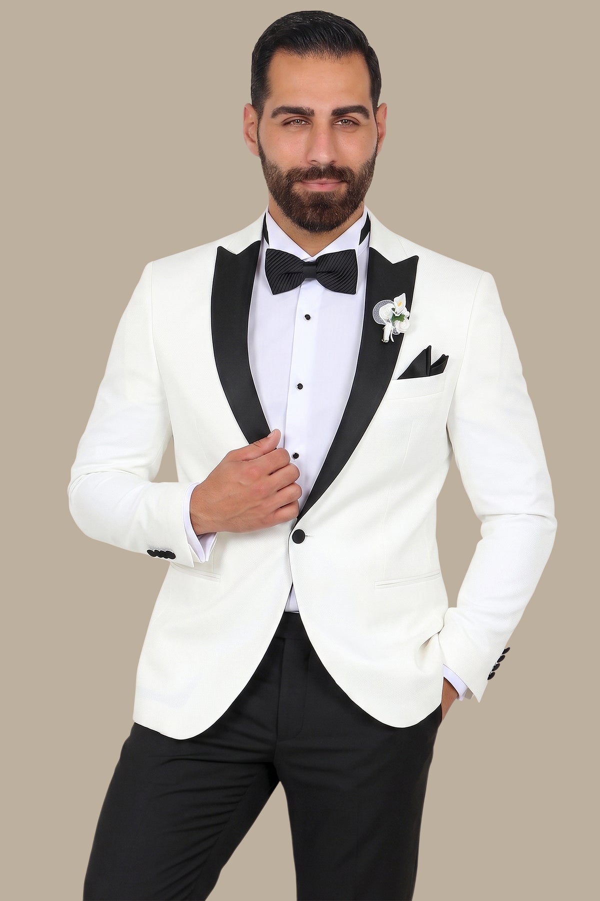 Black Peak Pique Tuxedo with White Jacket and Pants