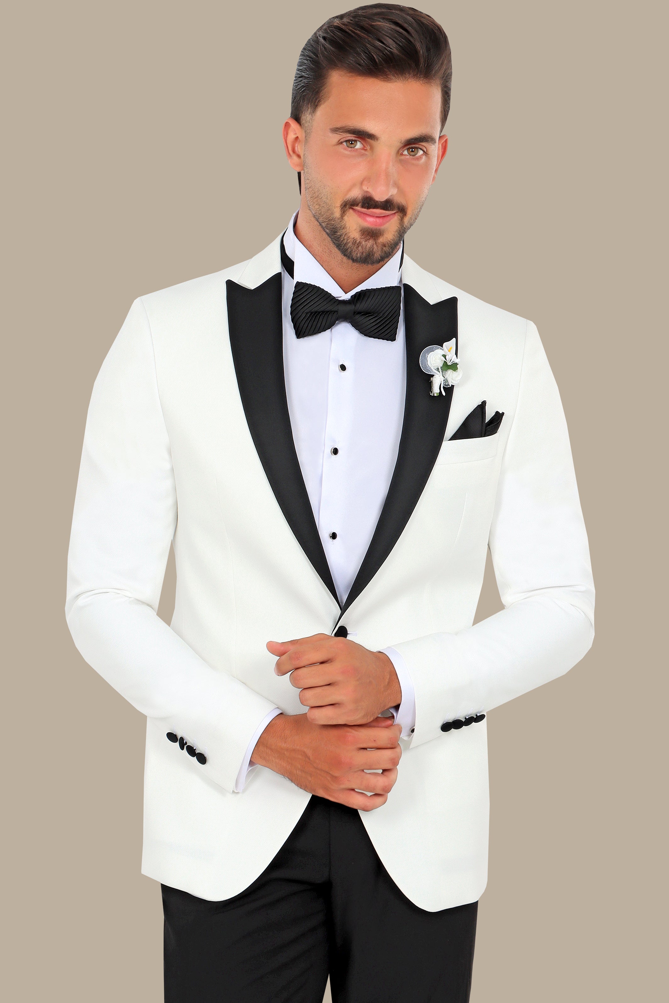 Black Peak Pique Tuxedo with White Jacket and Pants