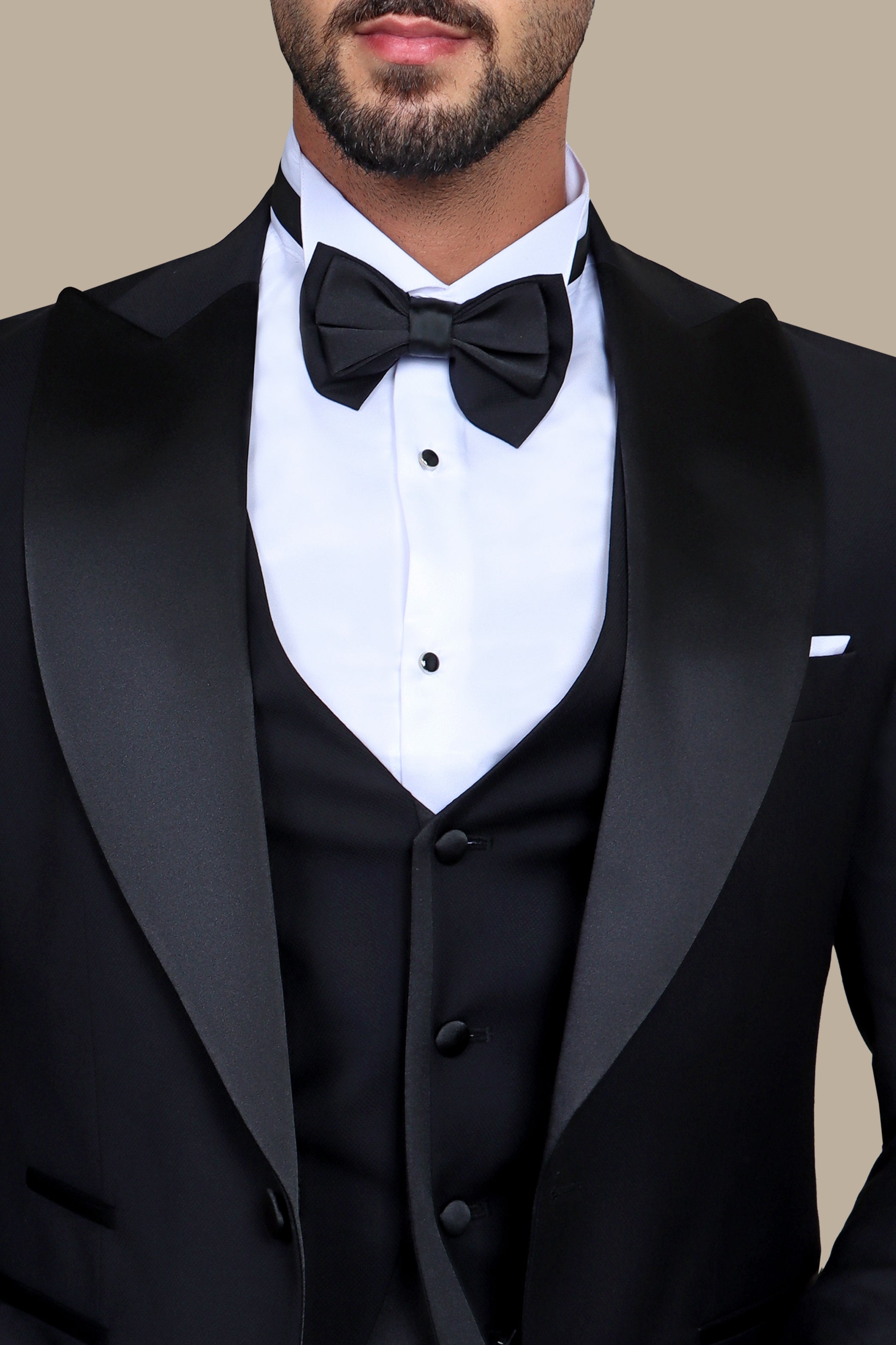 Peak of Elegance: Black 4-Piece Tuxedo Set with Peak Lapels