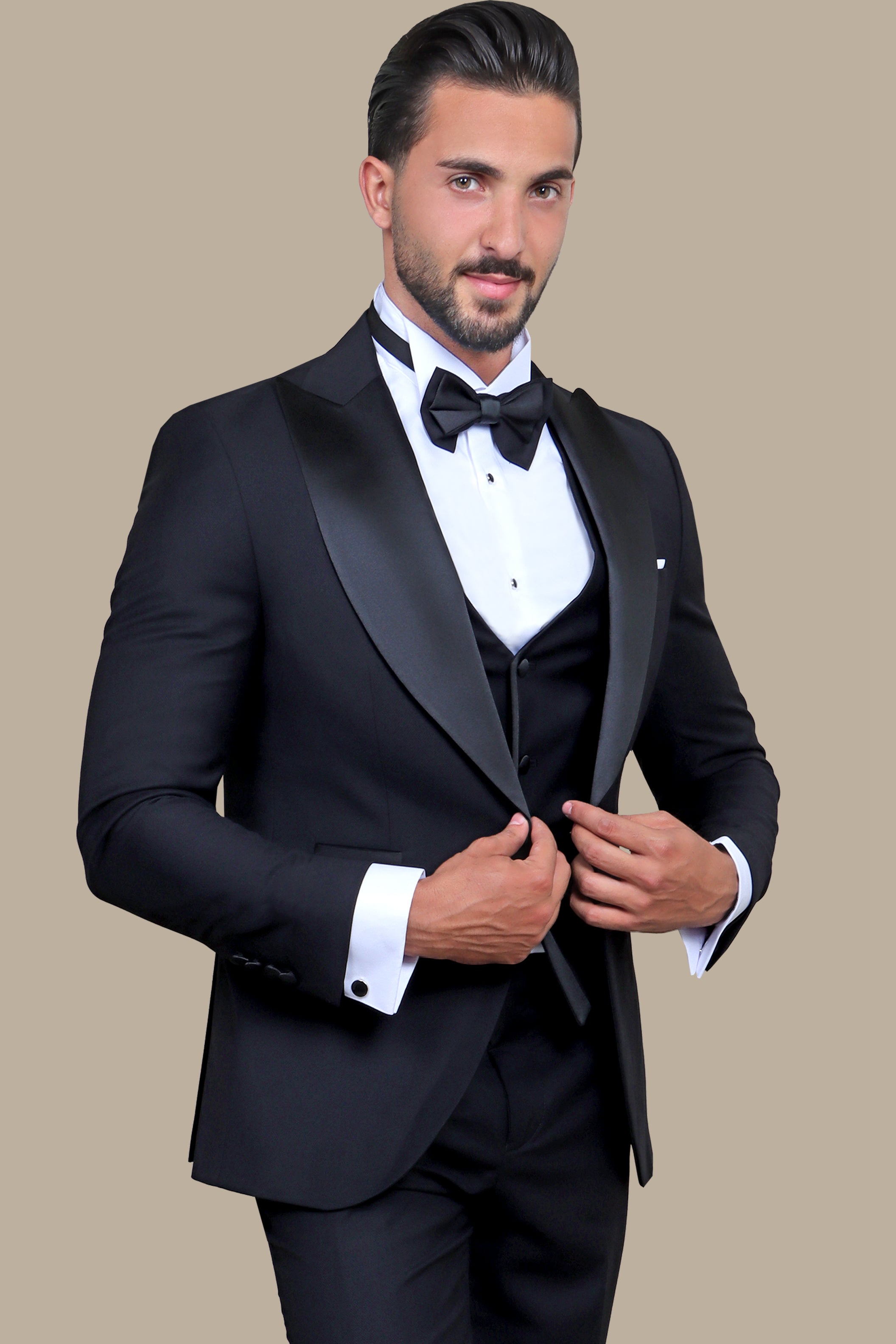 Peak of Elegance: Black 4-Piece Tuxedo Set with Peak Lapels