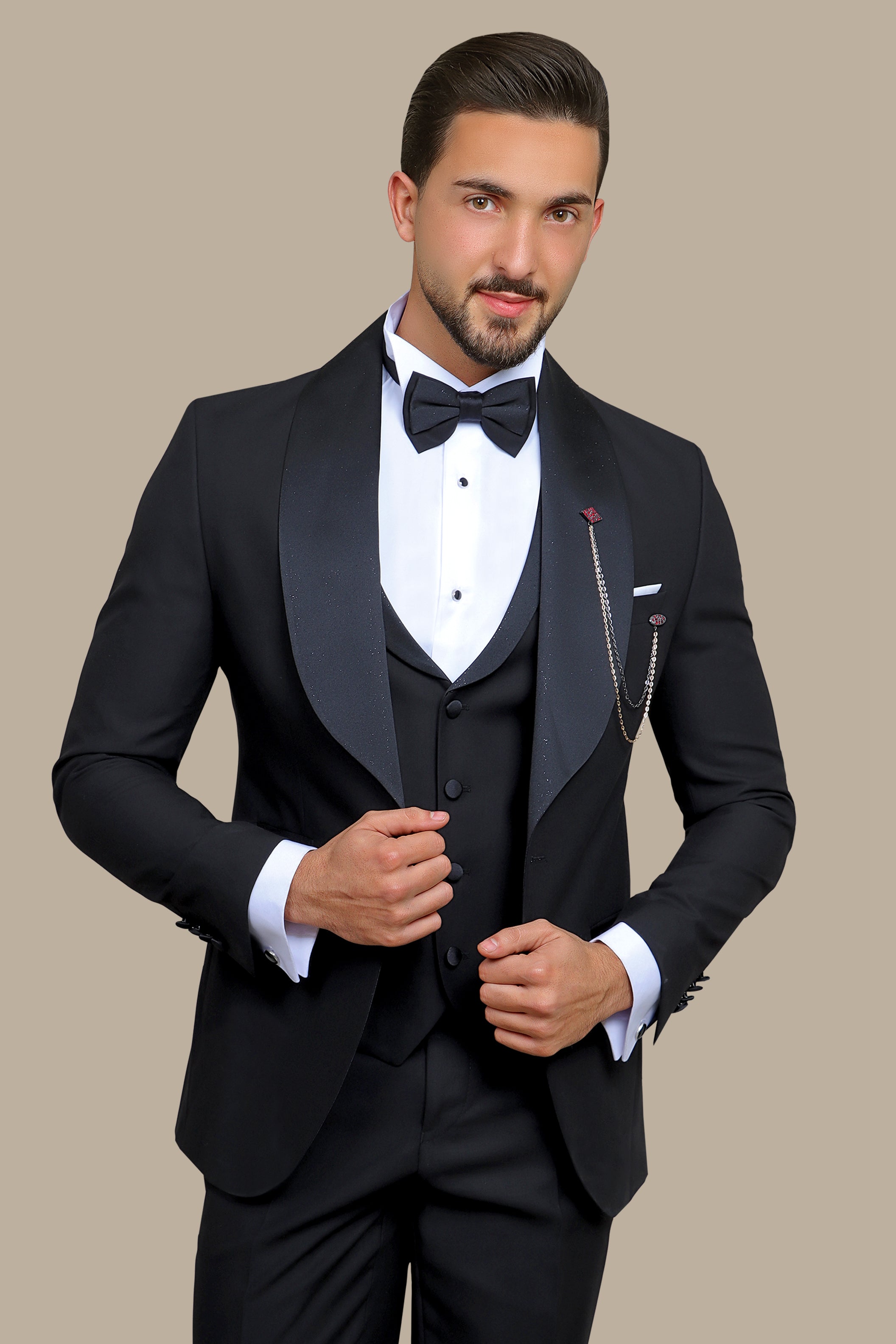 Black Glitter Wide Collar Tuxedo - 4 Piece Set