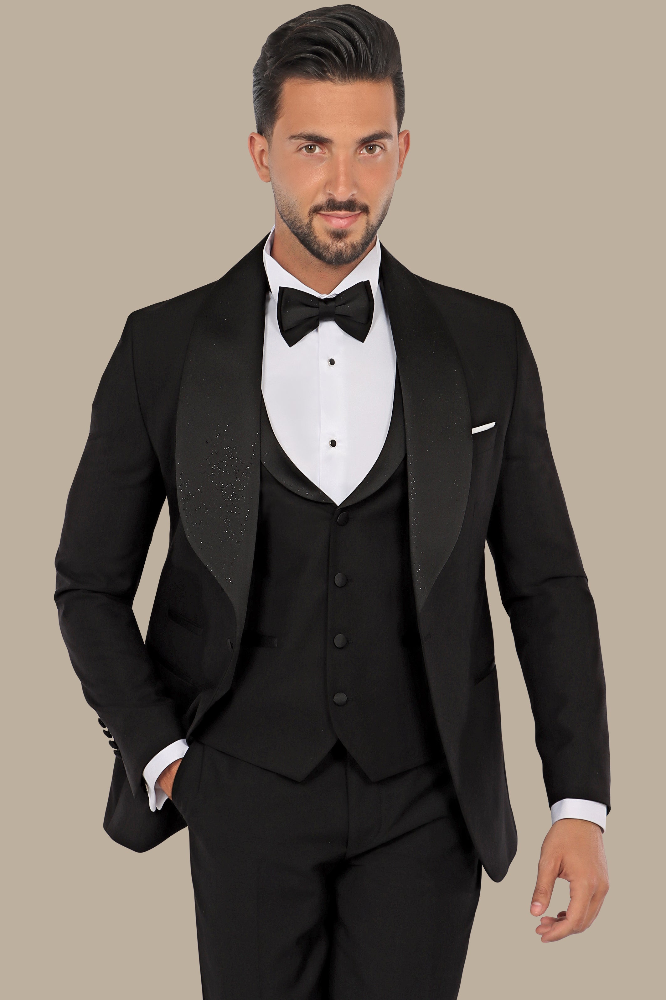 Black Glitter Wide Collar Tuxedo - 4 Piece Set