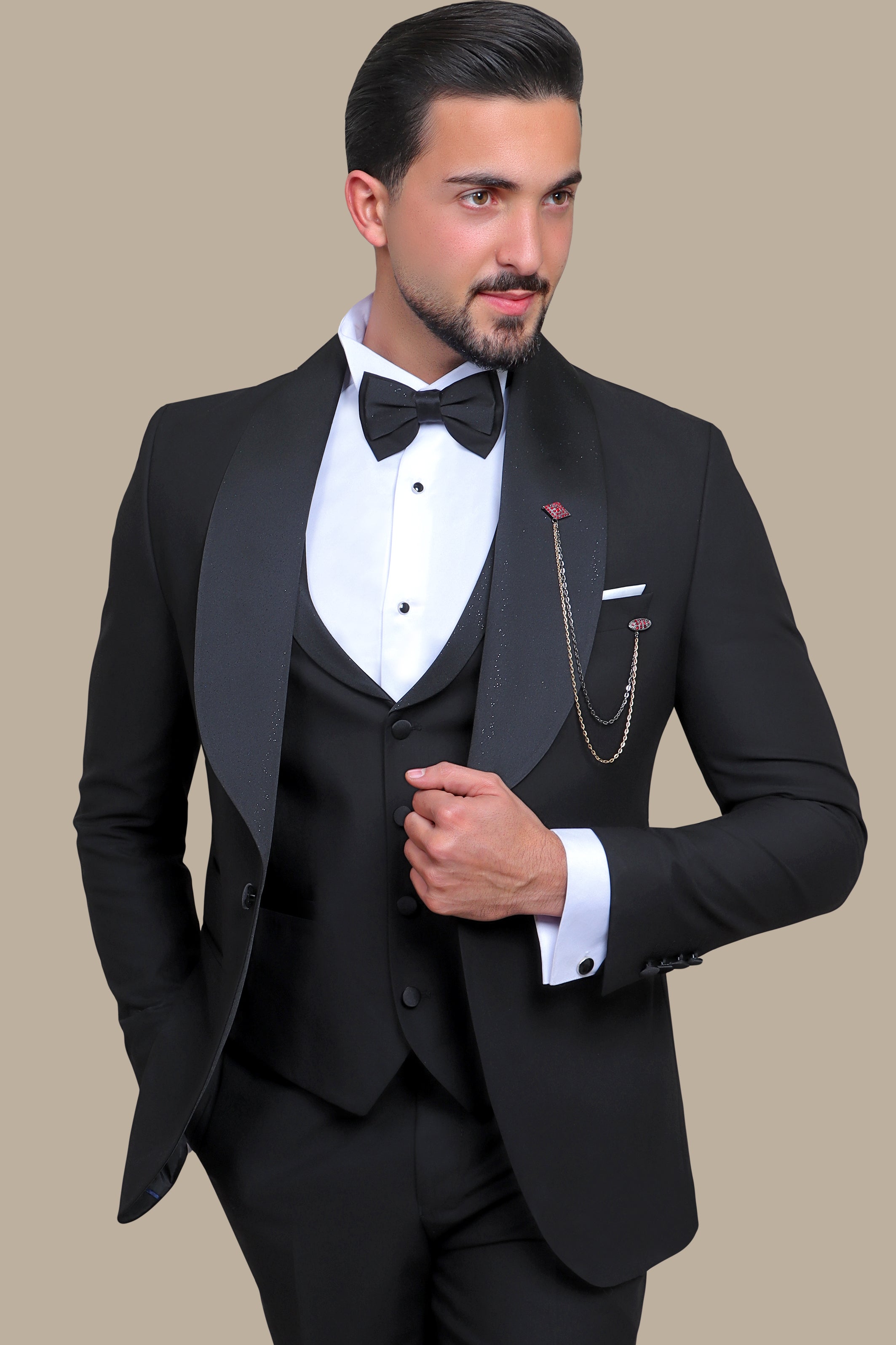 Black Glitter Wide Collar Tuxedo - 4 Piece Set