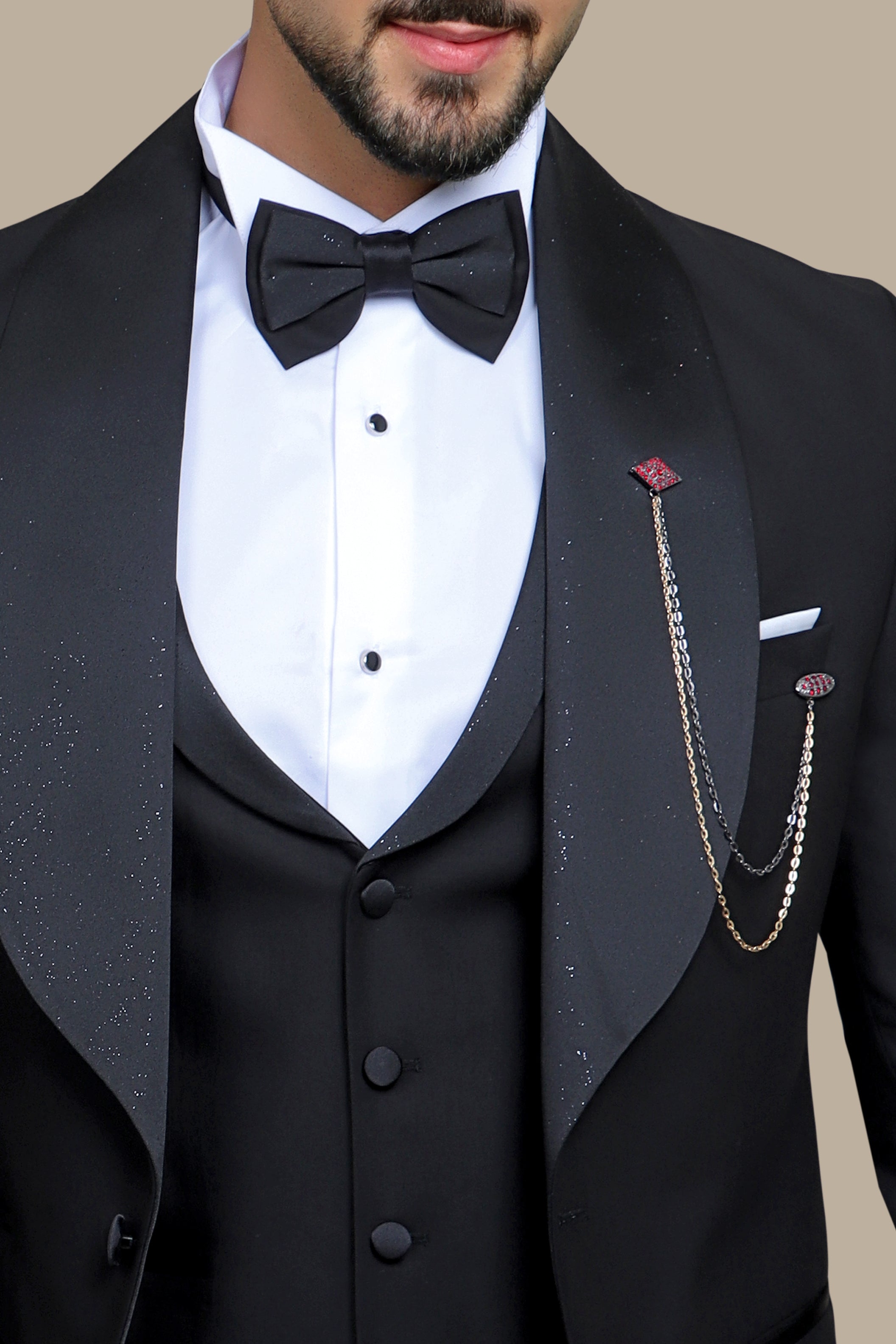 Black Glitter Wide Collar Tuxedo - 4 Piece Set