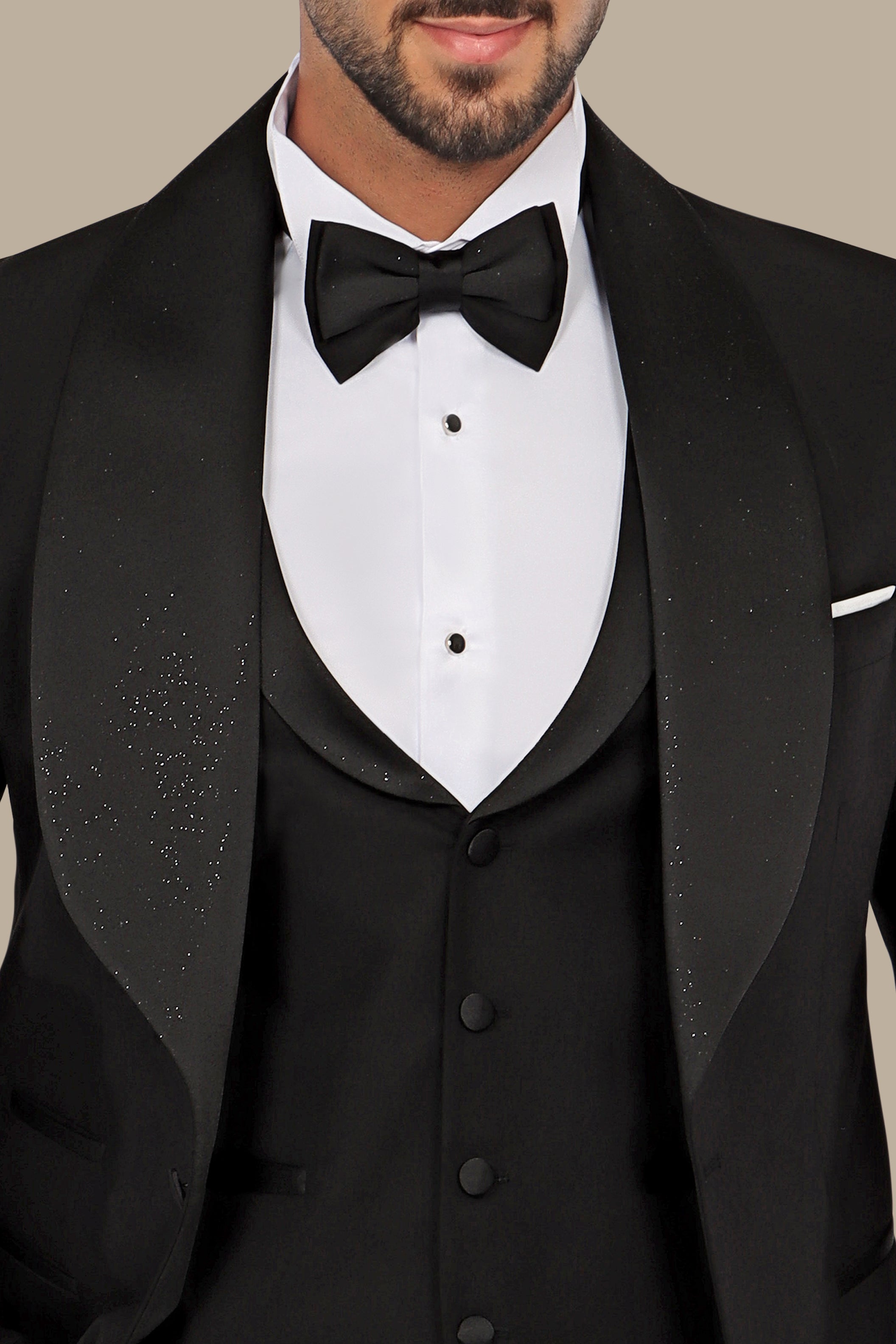 Black Glitter Wide Collar Tuxedo - 4 Piece Set