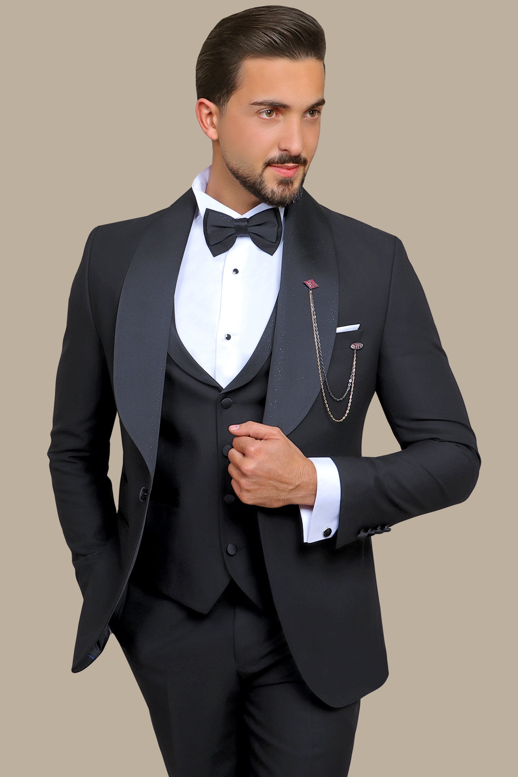 Black Glitter Wide Collar Tuxedo - 4 Piece Set