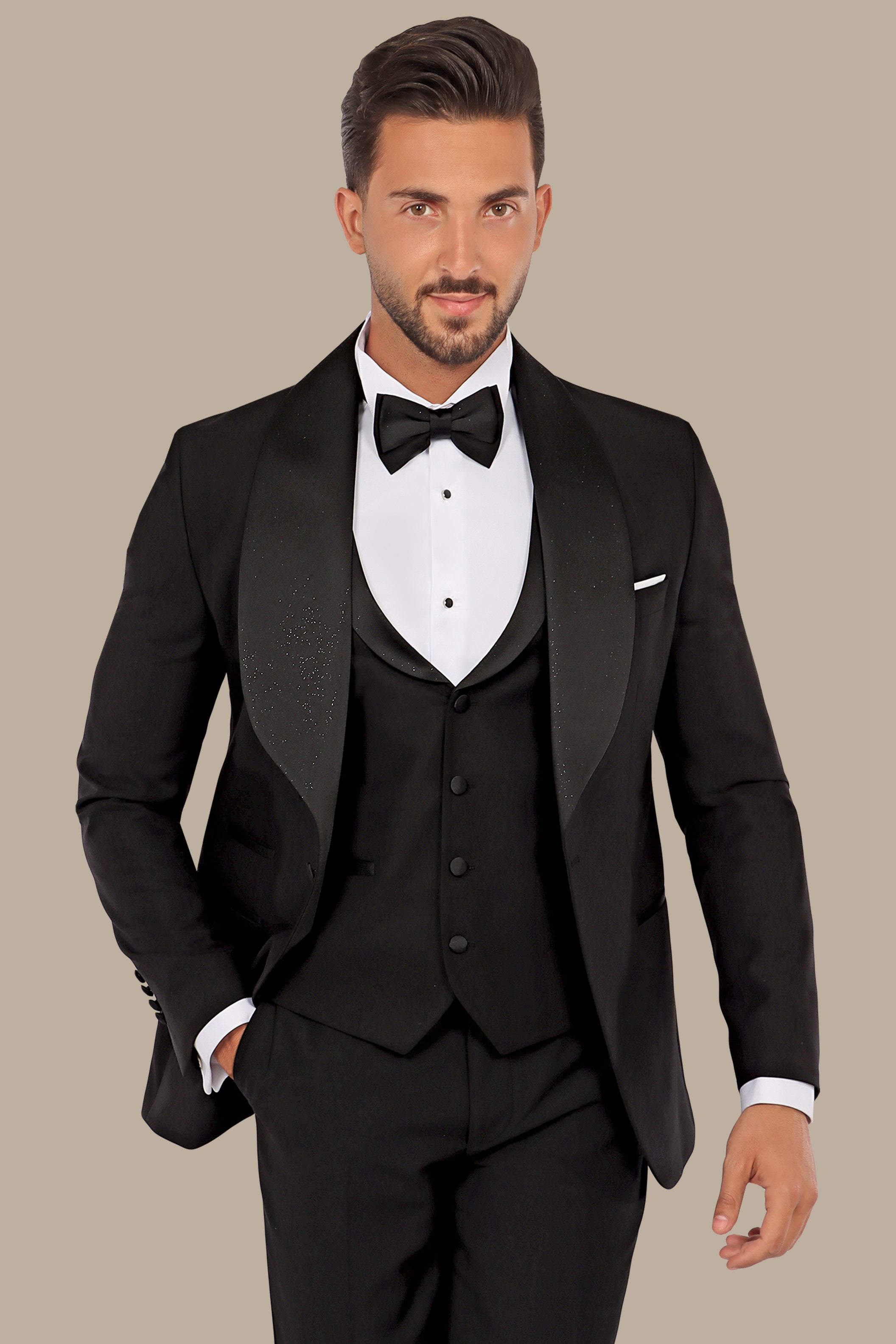 Black Glitter Wide Collar Tuxedo - 4 Piece Set