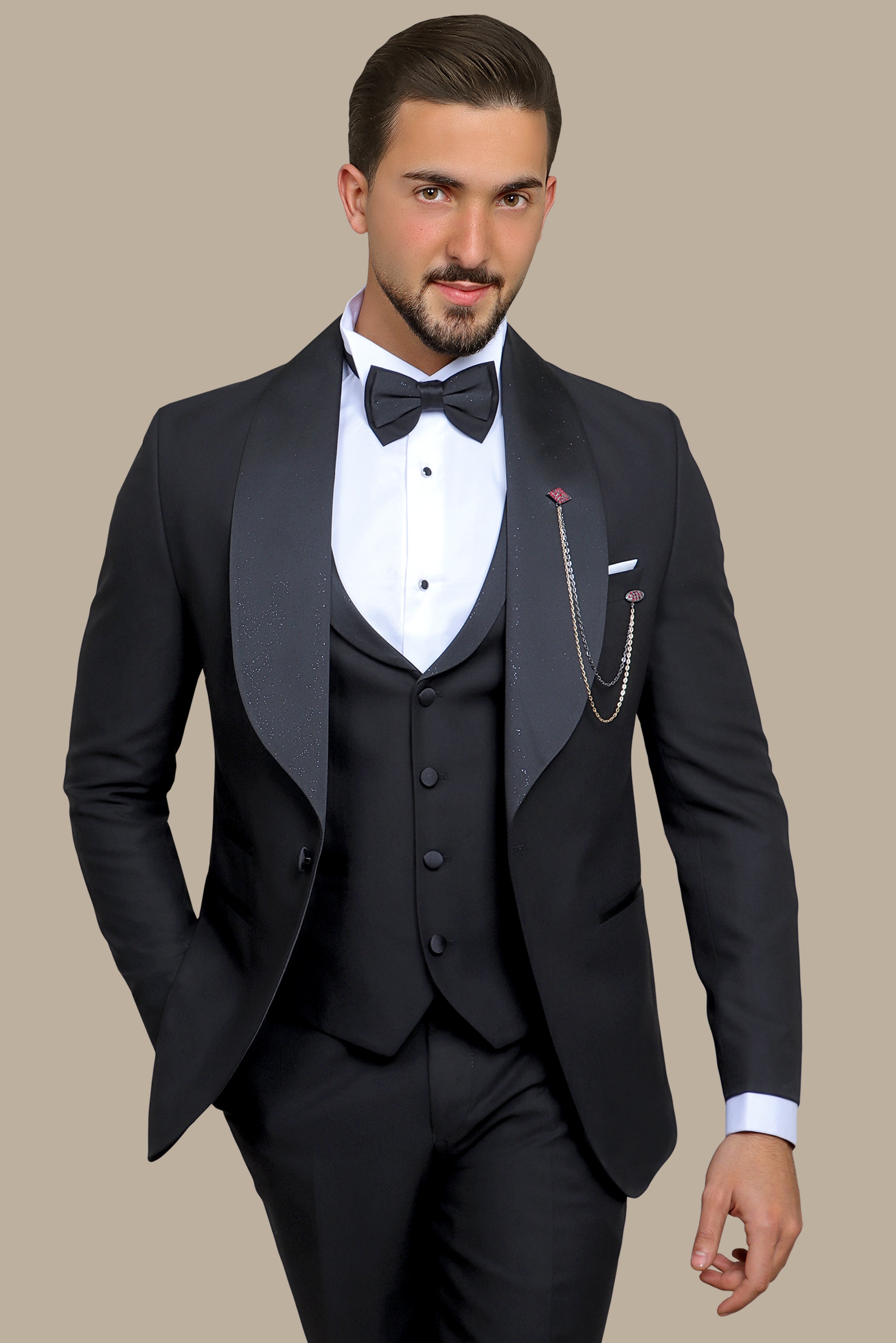 Black Glitter Wide Collar Tuxedo - 4 Piece Set