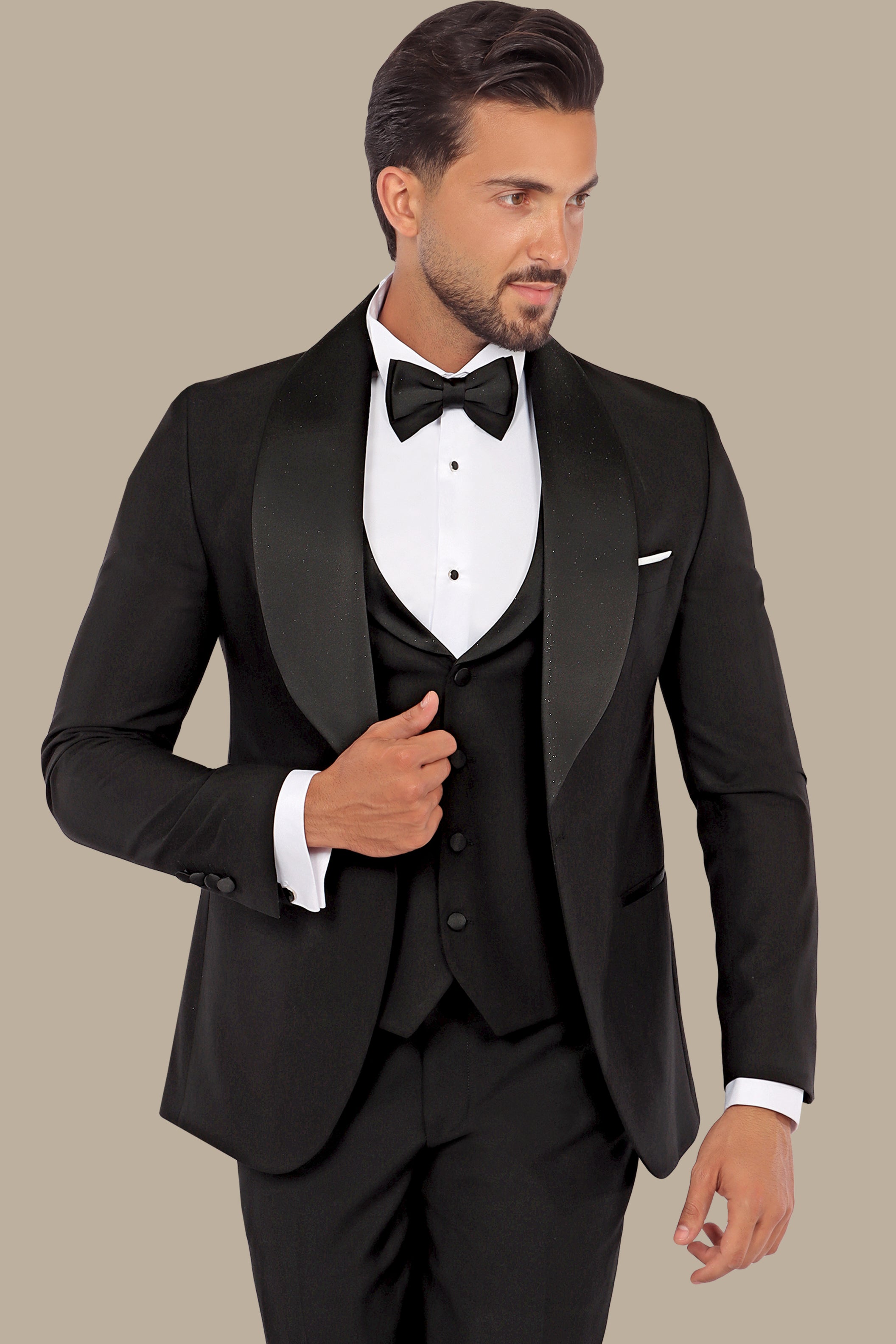 Black Glitter Wide Collar Tuxedo - 4 Piece Set