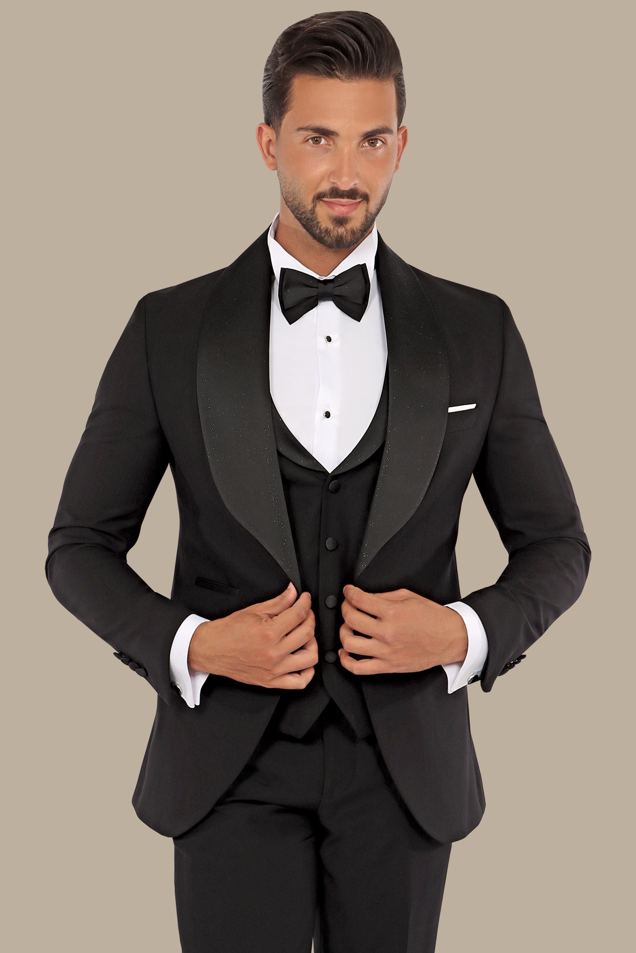 Black Glitter Wide Collar Tuxedo - 4 Piece Set