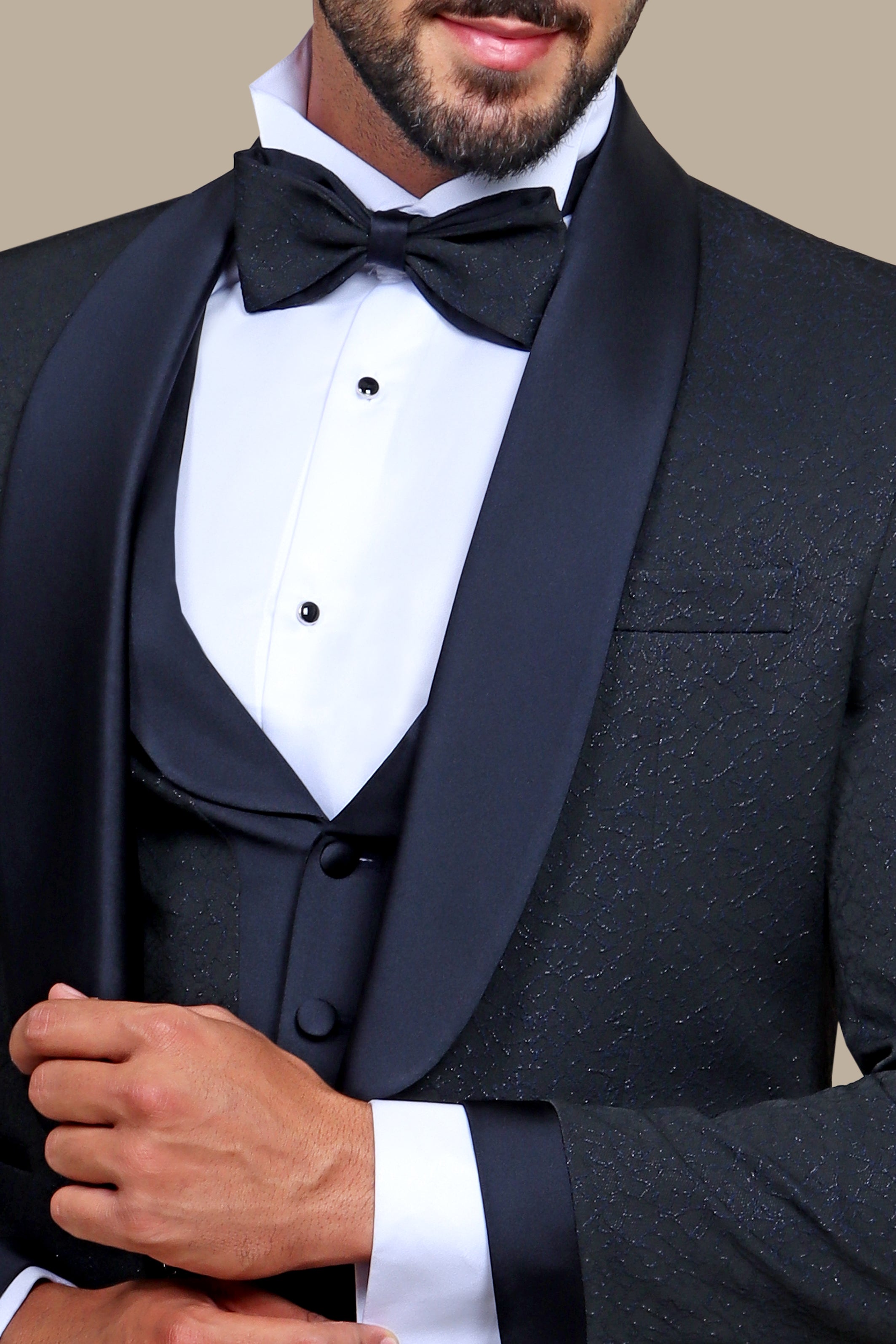 Opulent Charm: Navy Jacquard 4-Piece Tuxedo Set with Shawl Collar