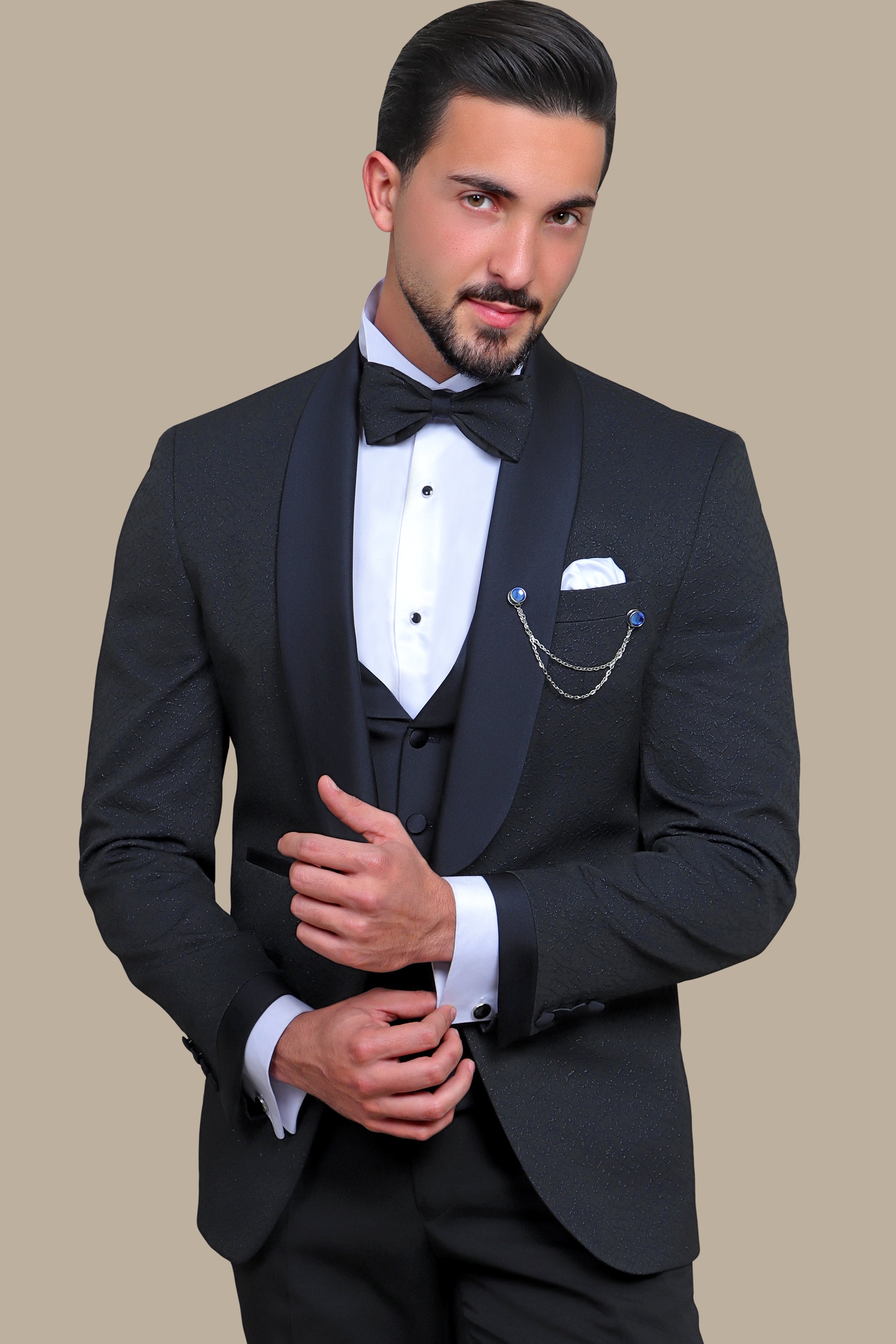 Opulent Charm: Navy Jacquard 4-Piece Tuxedo Set with Shawl Collar