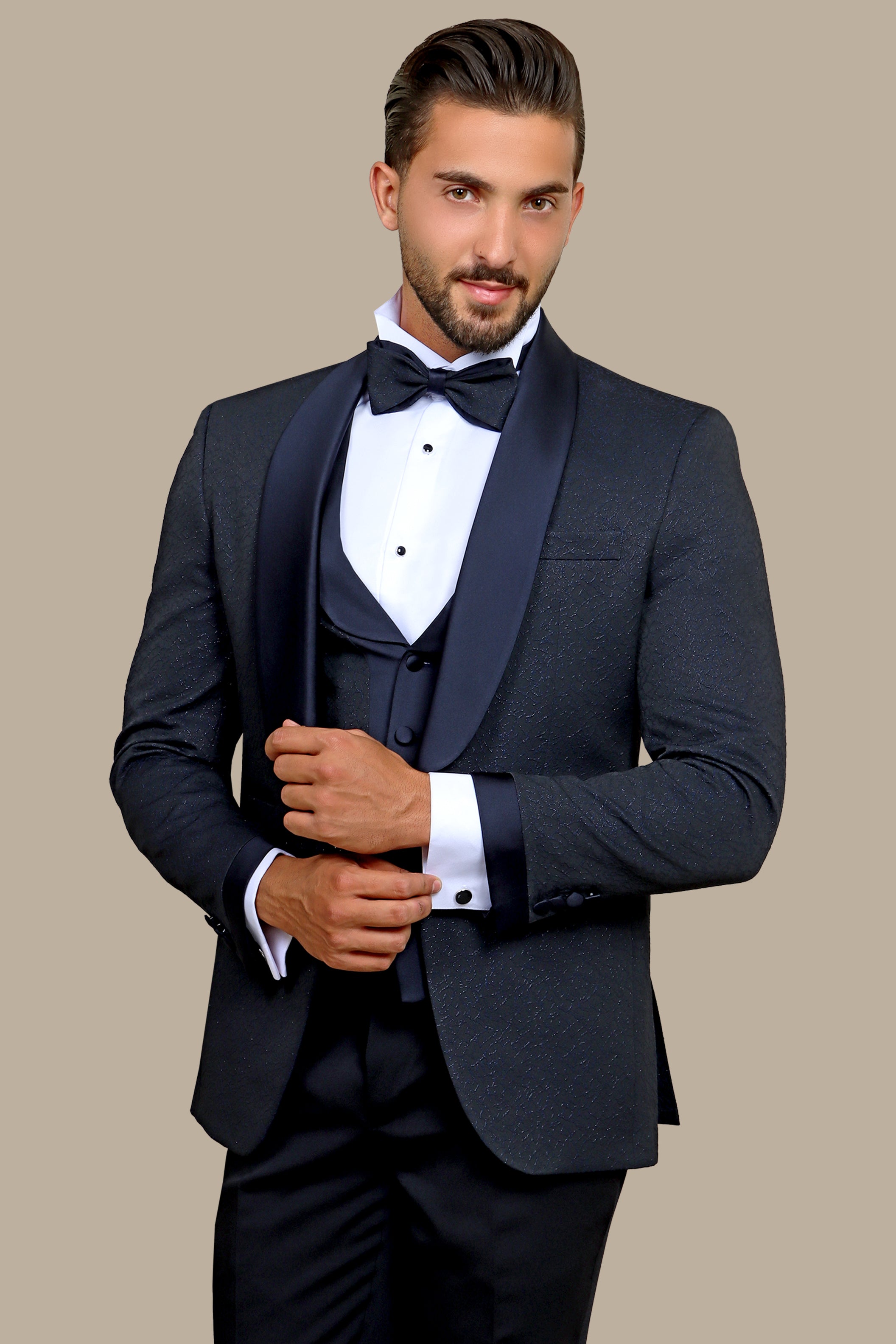 Opulent Charm: Navy Jacquard 4-Piece Tuxedo Set with Shawl Collar