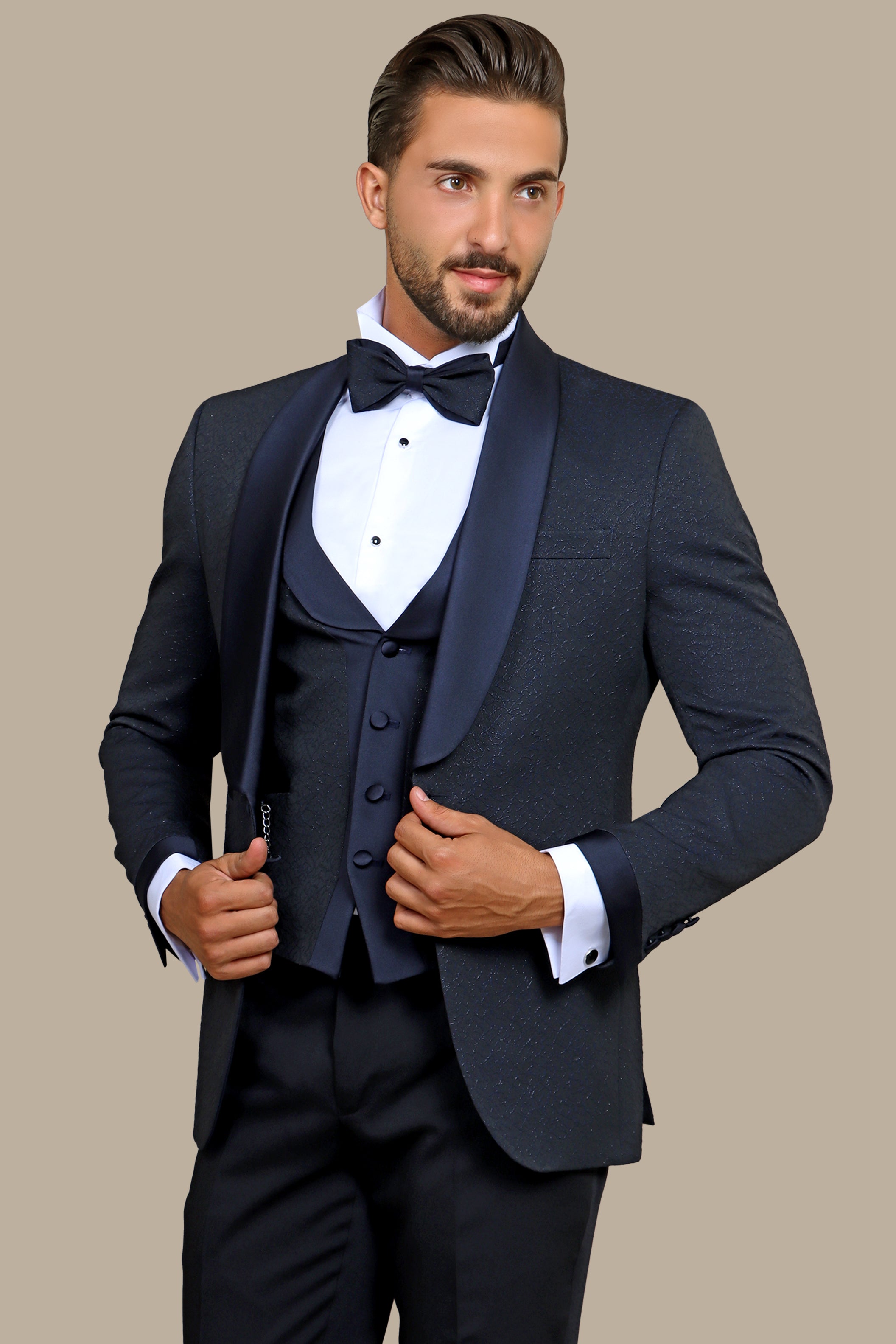 Opulent Charm: Navy Jacquard 4-Piece Tuxedo Set with Shawl Collar