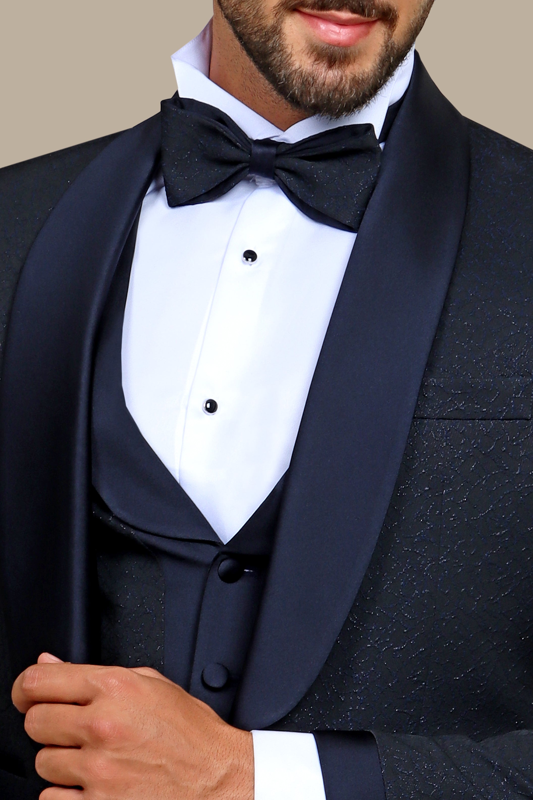 Opulent Charm: Navy Jacquard 4-Piece Tuxedo Set with Shawl Collar