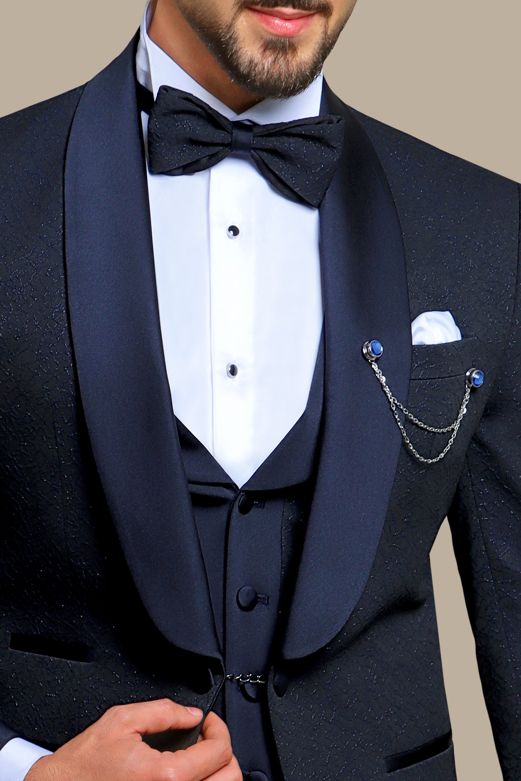 Opulent Charm: Navy Jacquard 4-Piece Tuxedo Set with Shawl Collar