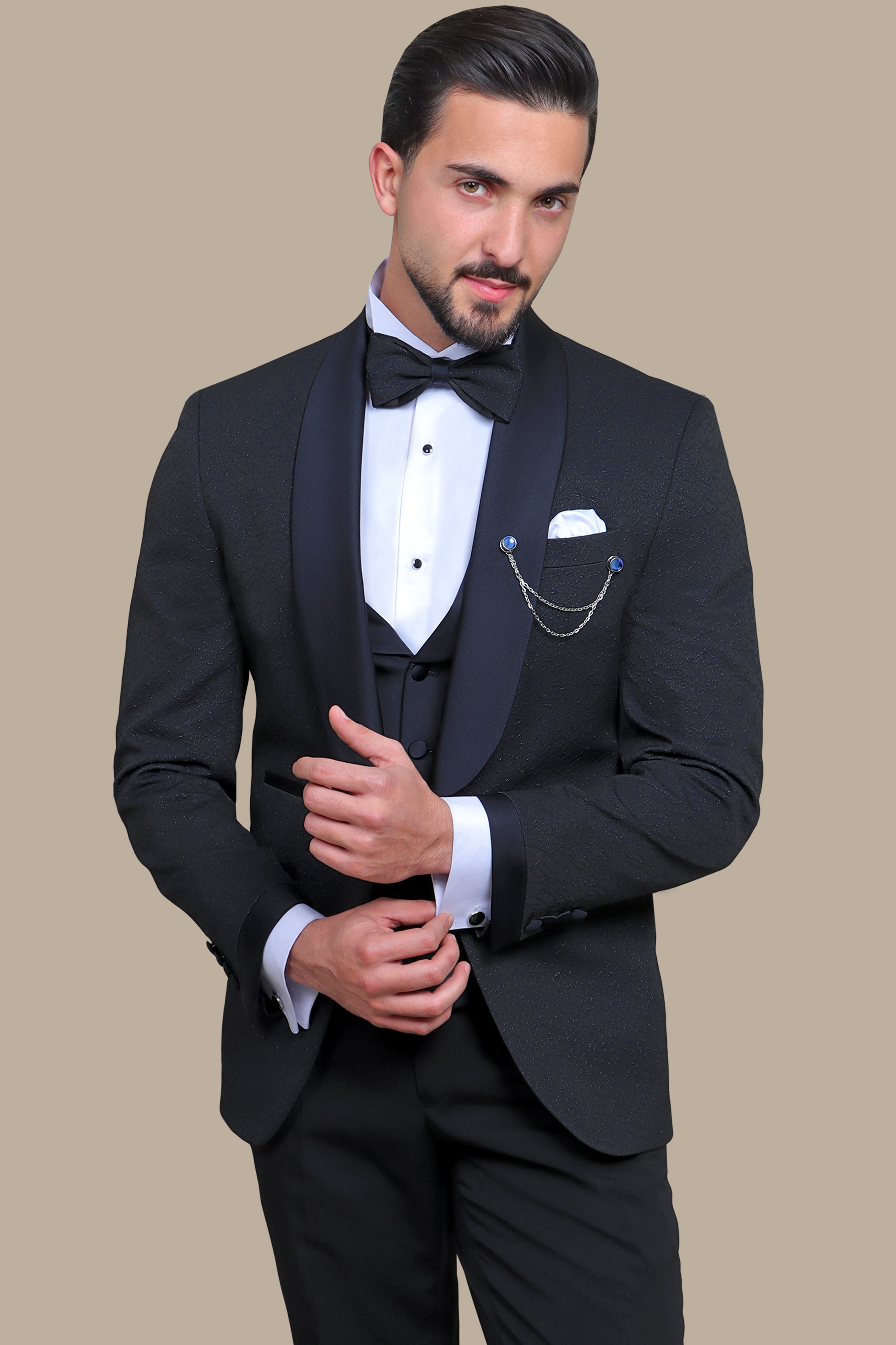 Opulent Charm: Navy Jacquard 4-Piece Tuxedo Set with Shawl Collar