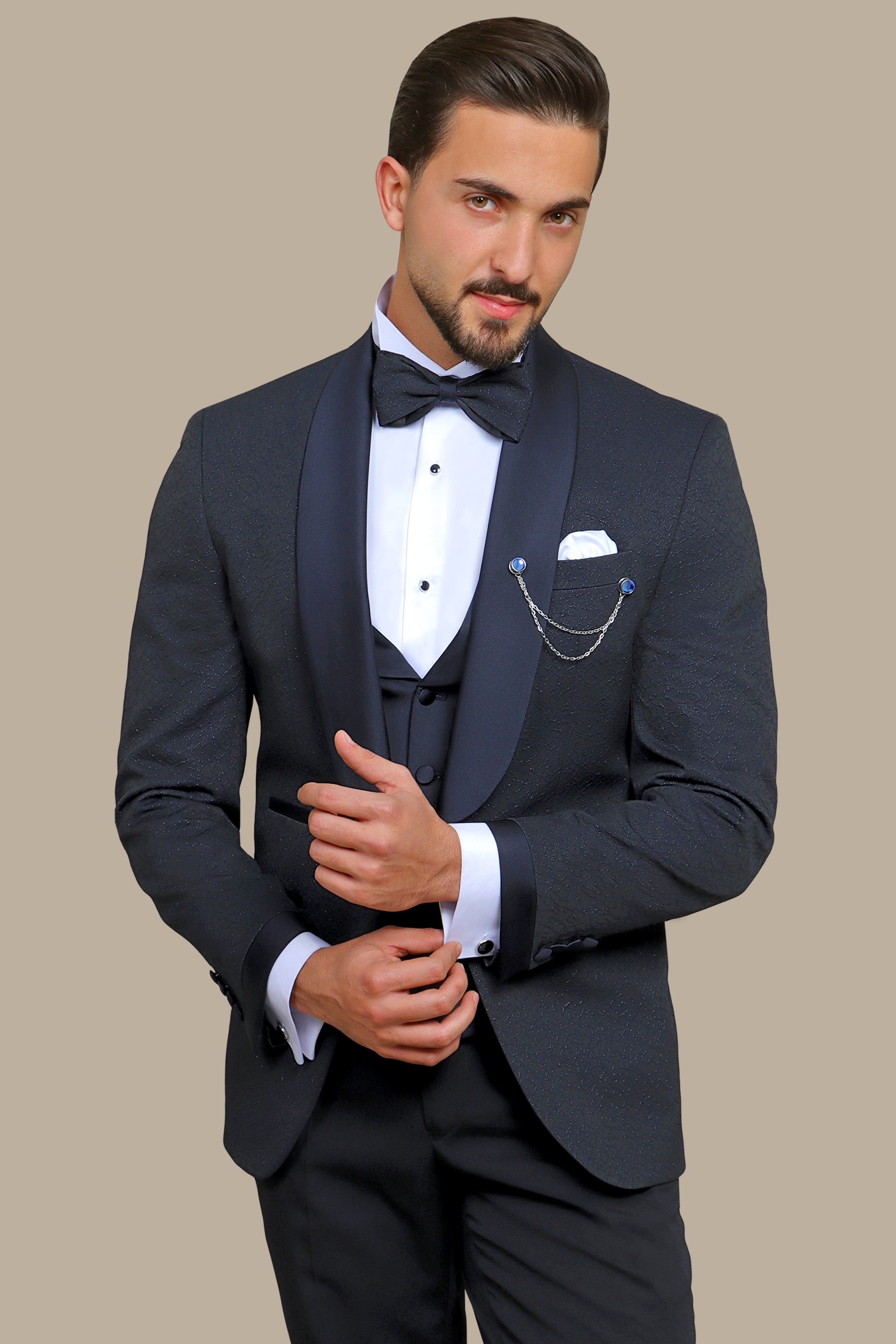 Opulent Charm: Navy Jacquard 4-Piece Tuxedo Set with Shawl Collar