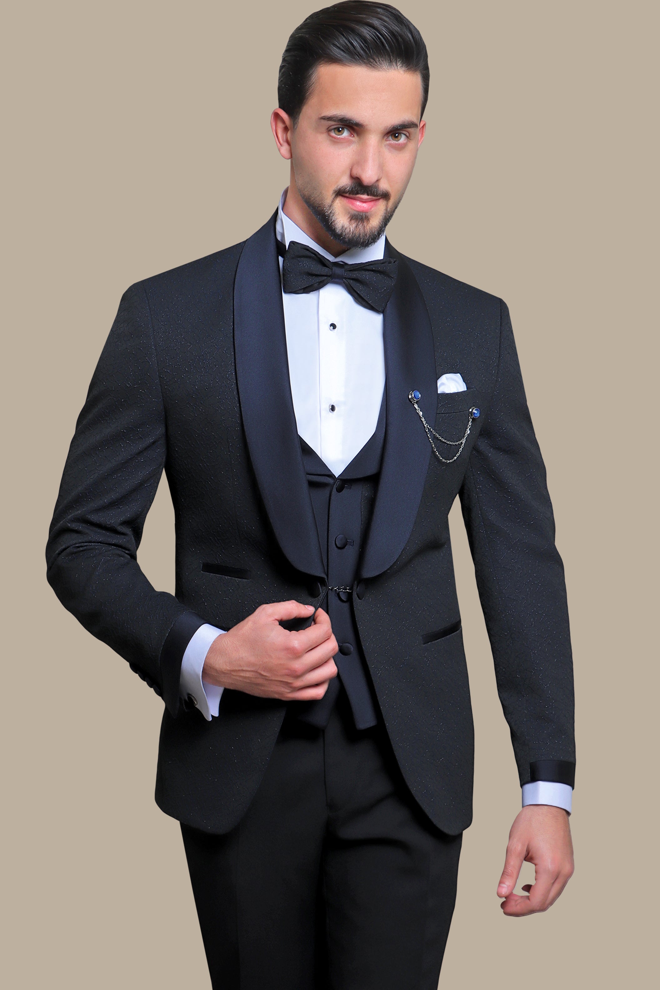 Opulent Charm: Navy Jacquard 4-Piece Tuxedo Set with Shawl Collar