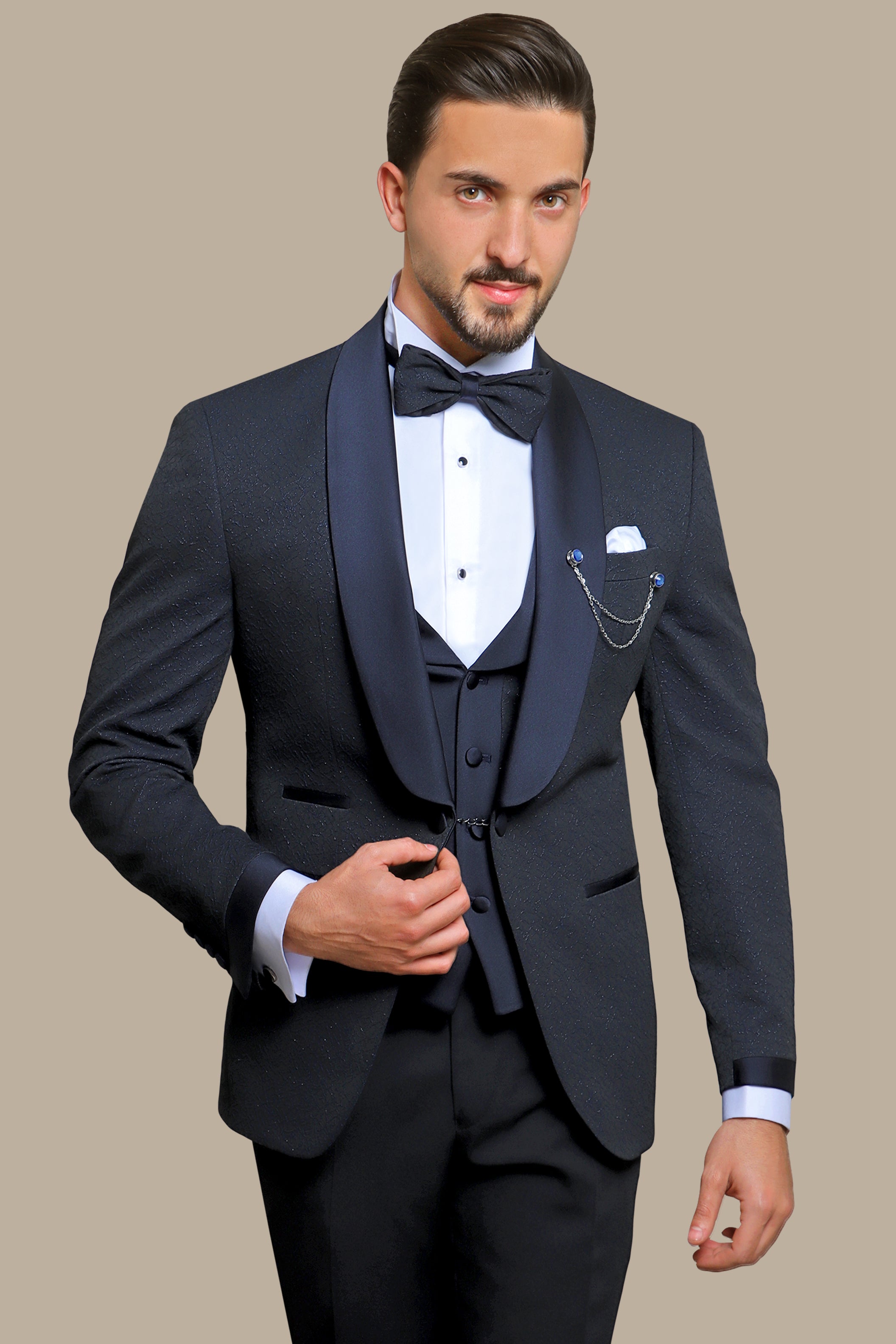 Opulent Charm: Navy Jacquard 4-Piece Tuxedo Set with Shawl Collar