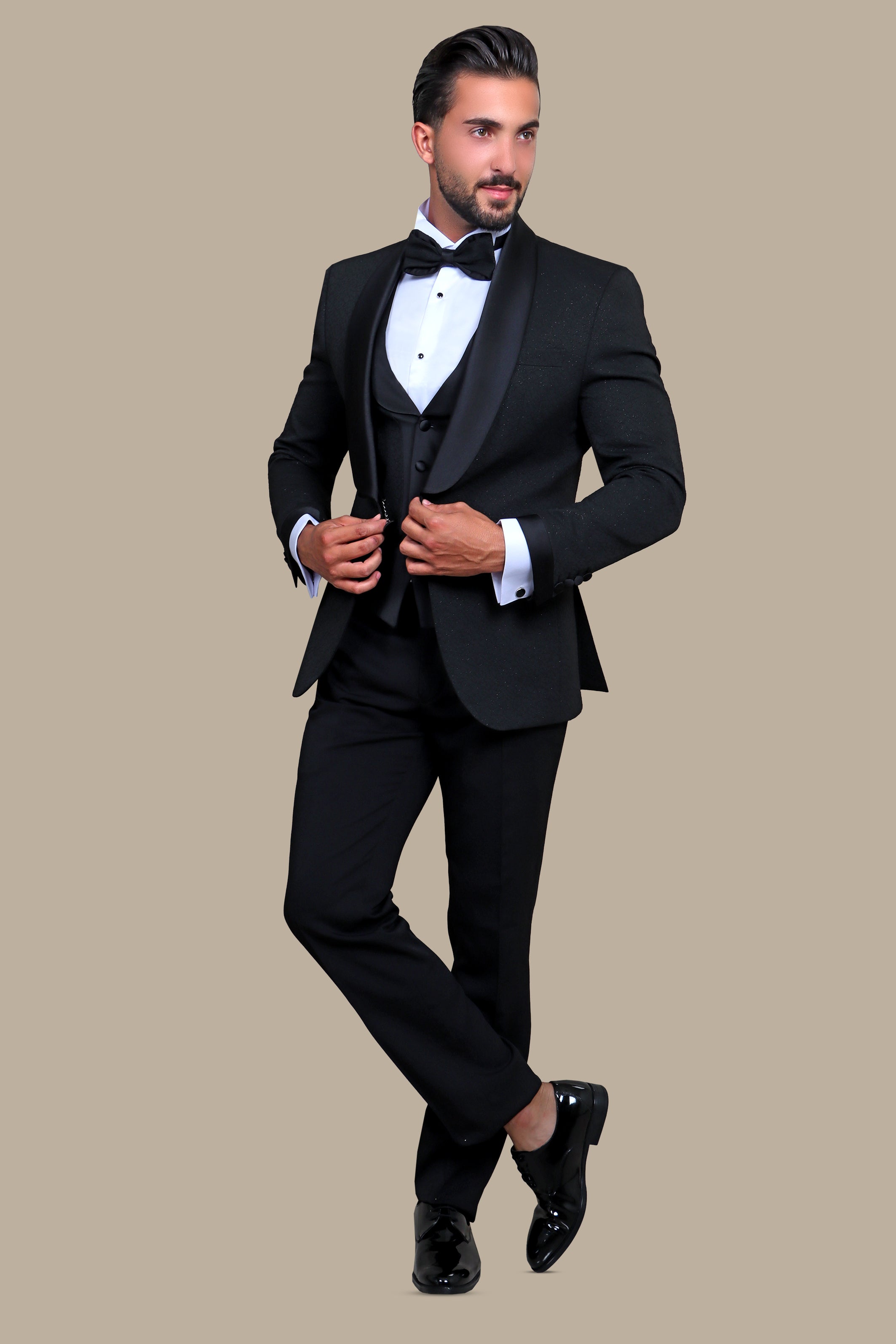 Elegant Ensemble: Black Jacquard Shawl Collar 4-Piece Tuxedo Set