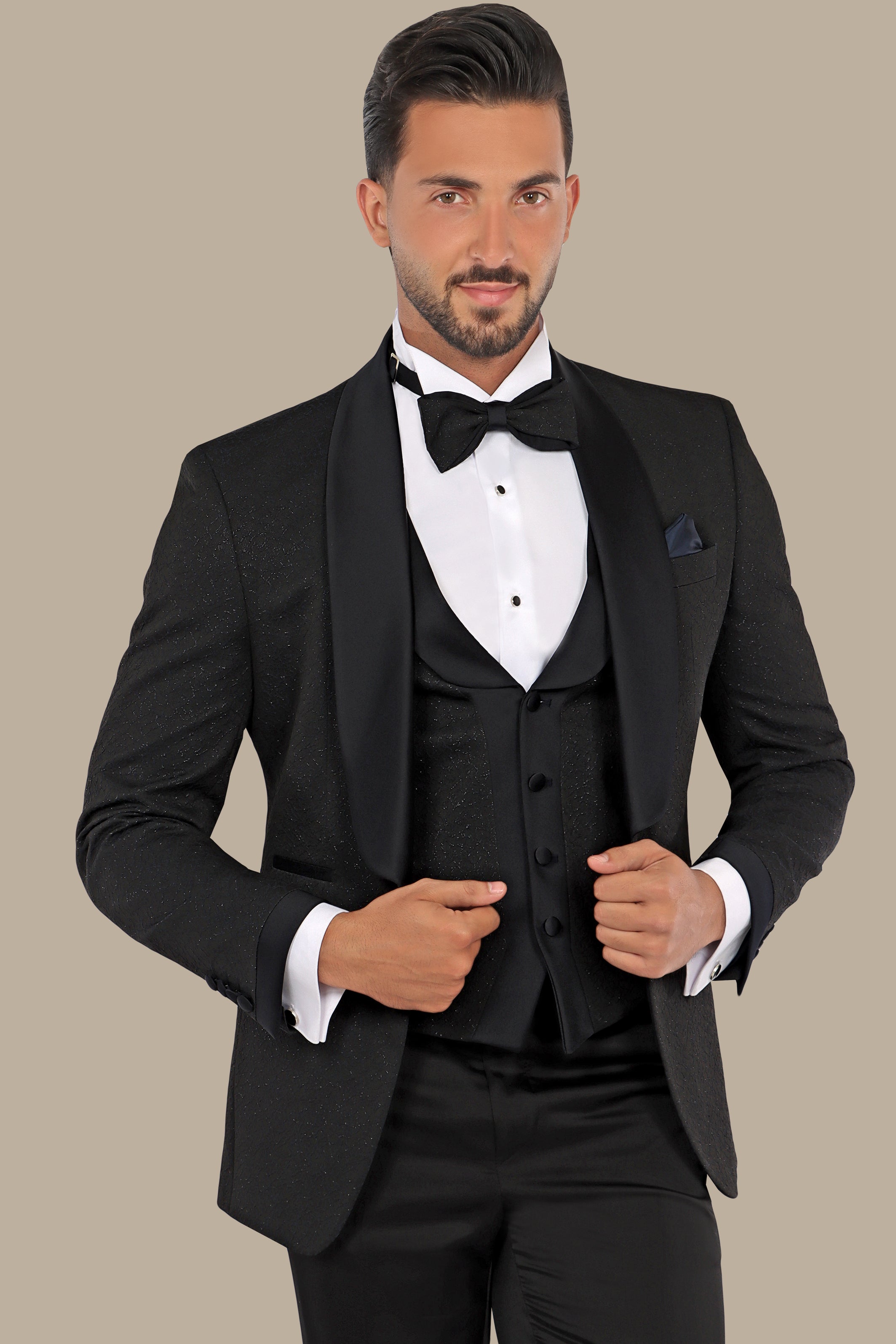 Elegant Ensemble: Black Jacquard Shawl Collar 4-Piece Tuxedo Set