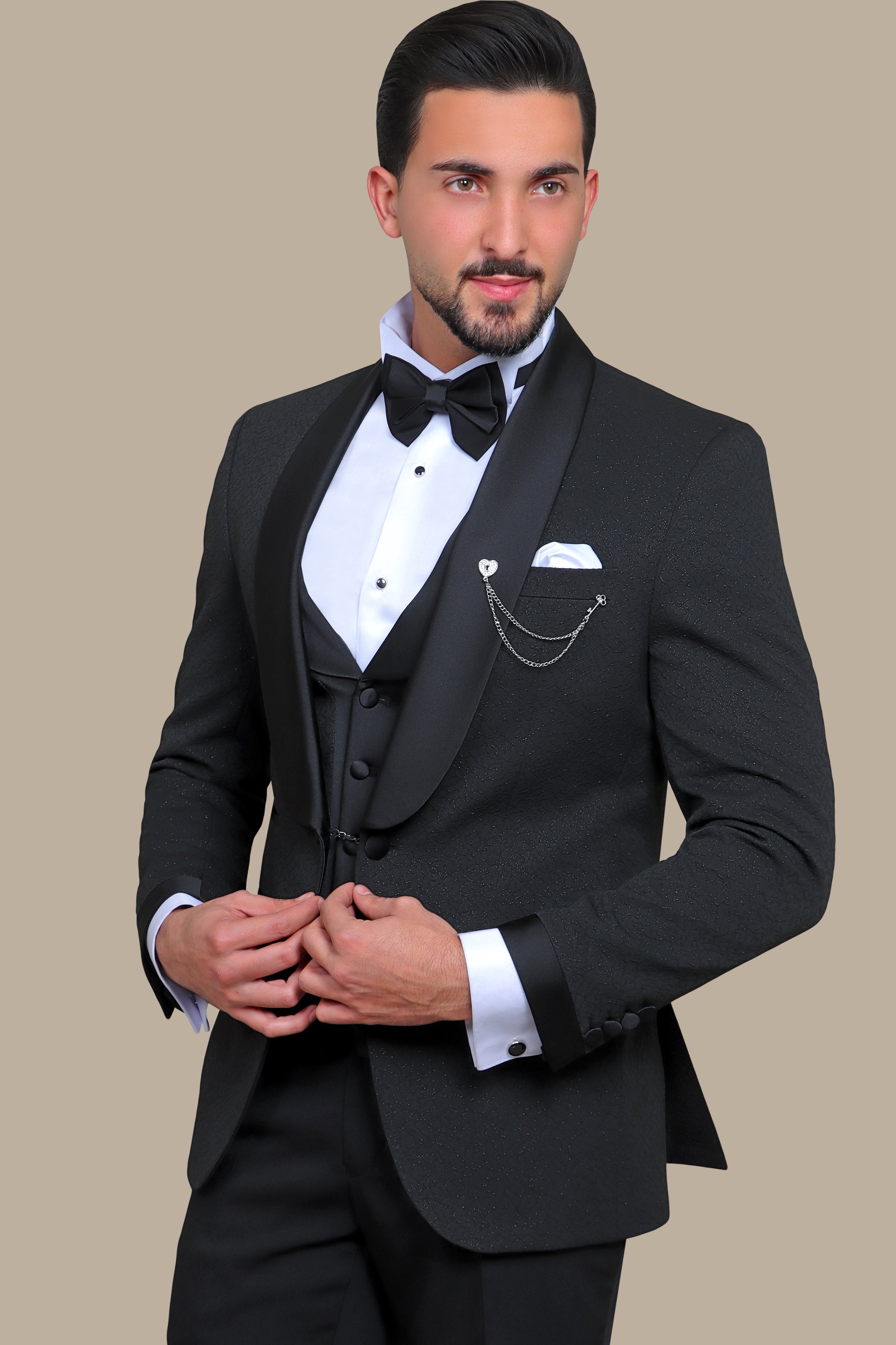 Elegant Ensemble: Black Jacquard Shawl Collar 4-Piece Tuxedo Set