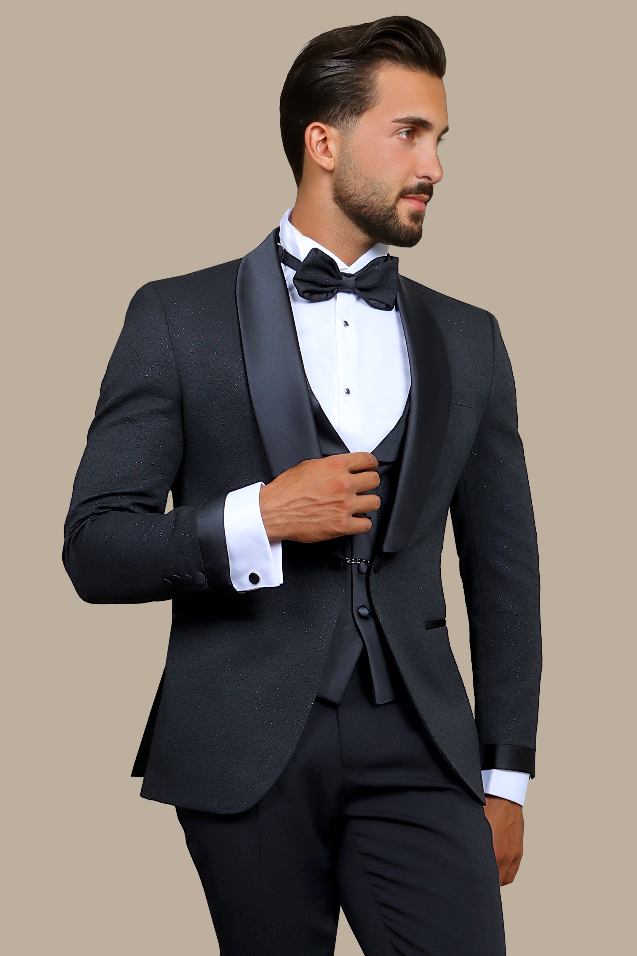 Elegant Ensemble: Black Jacquard Shawl Collar 4-Piece Tuxedo Set