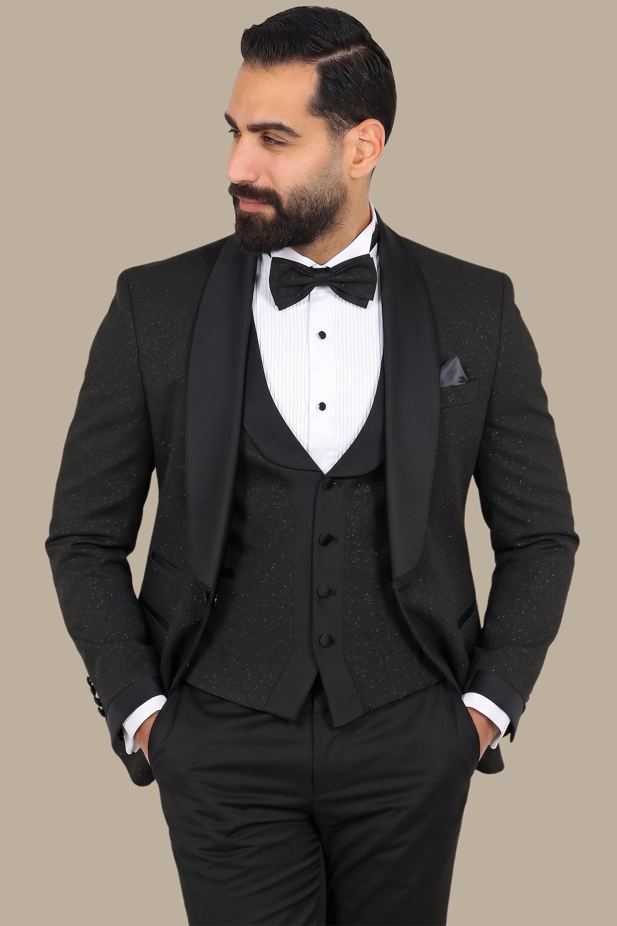 Elegant Ensemble: Black Jacquard Shawl Collar 4-Piece Tuxedo Set
