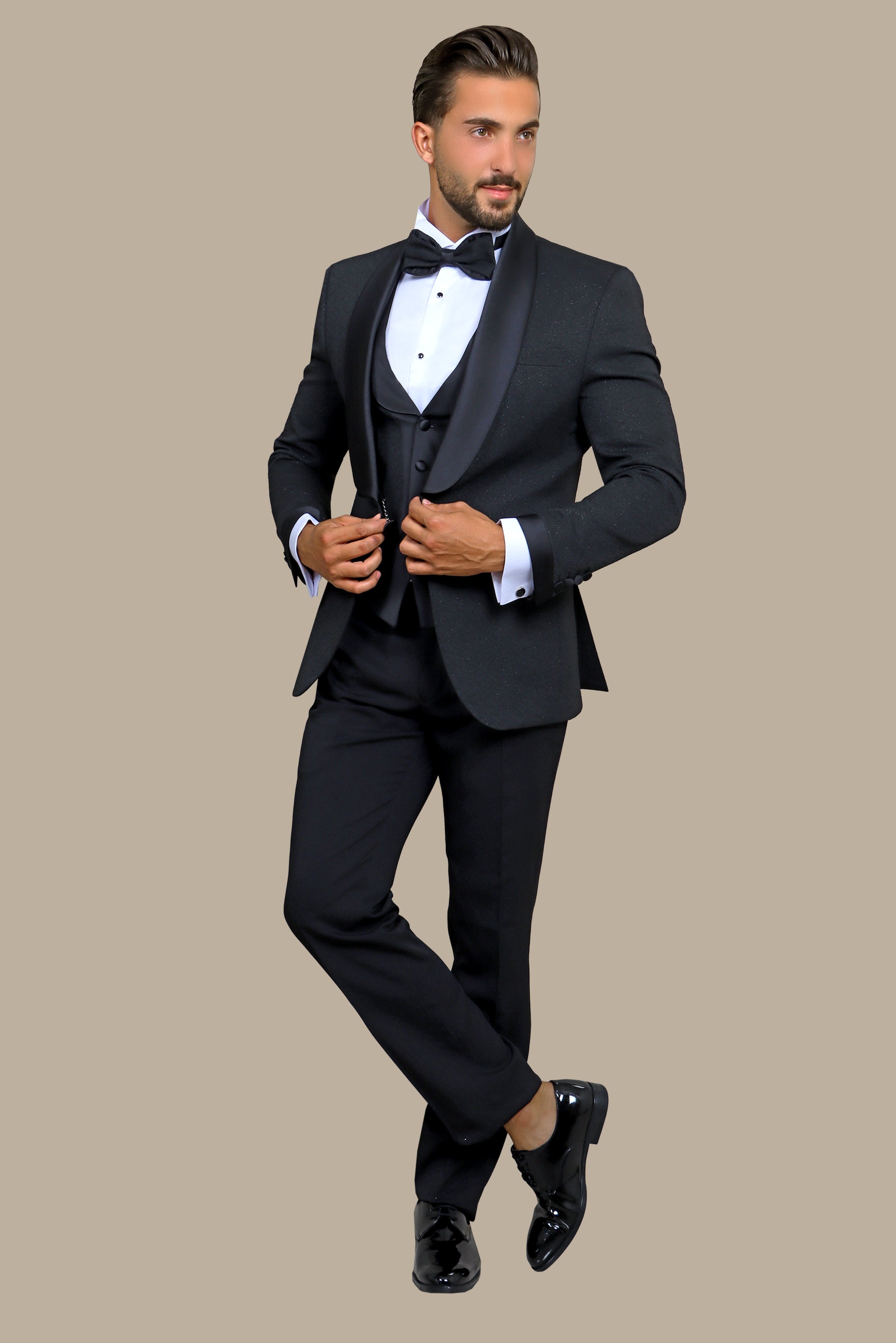 Elegant Ensemble: Black Jacquard Shawl Collar 4-Piece Tuxedo Set