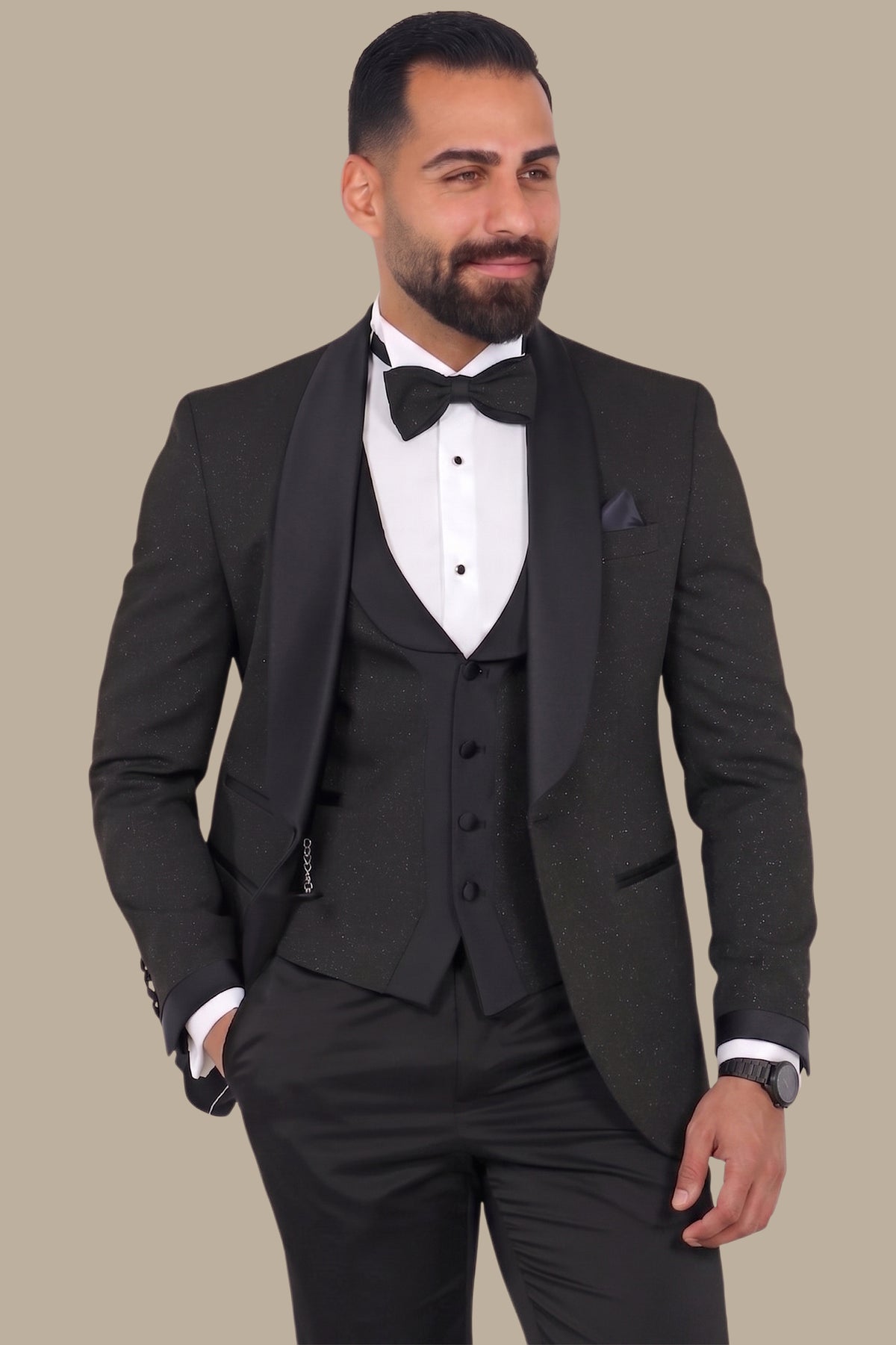 Elegant Ensemble: Black Jacquard Shawl Collar 4-Piece Tuxedo Set