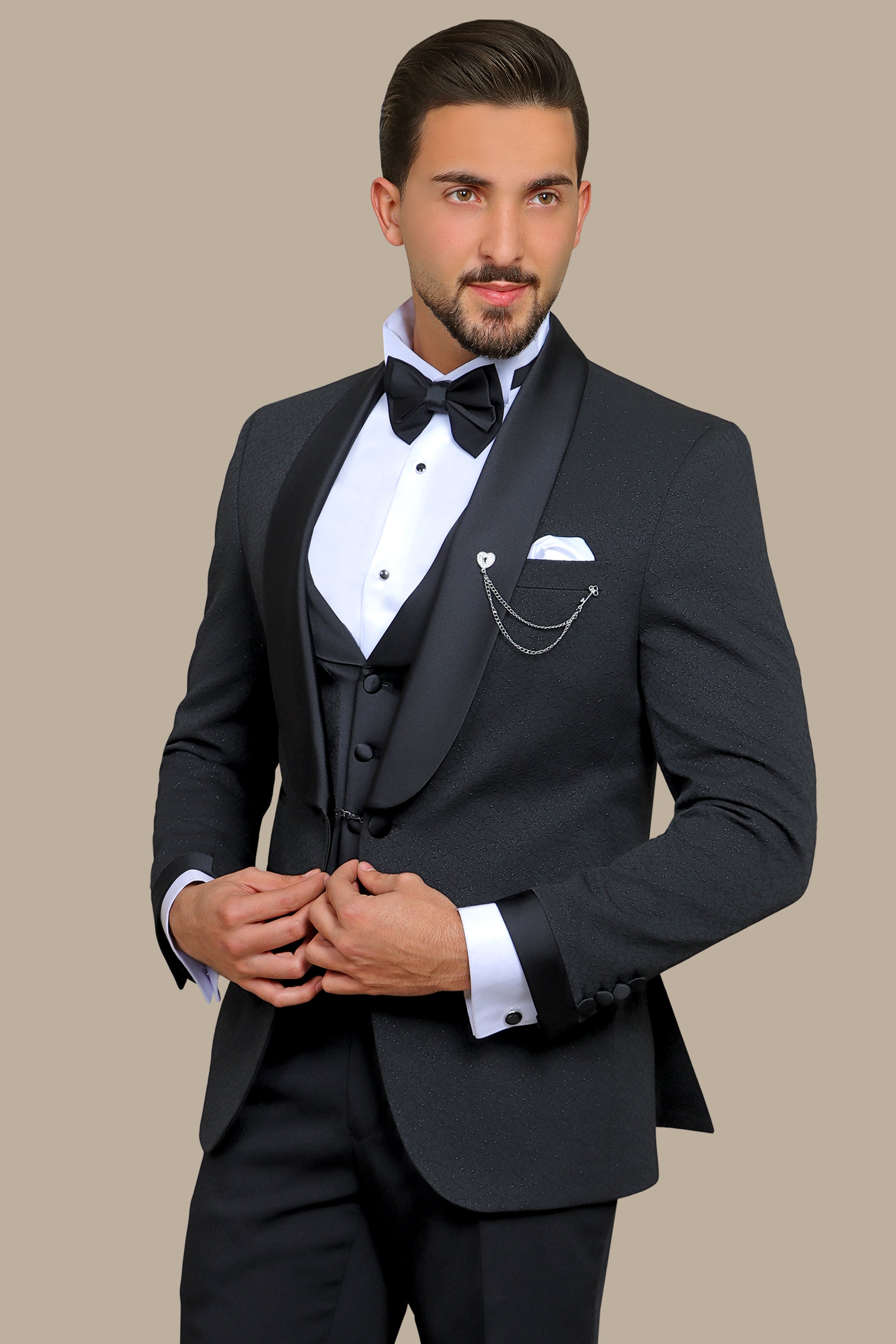 Elegant Ensemble: Black Jacquard Shawl Collar 4-Piece Tuxedo Set