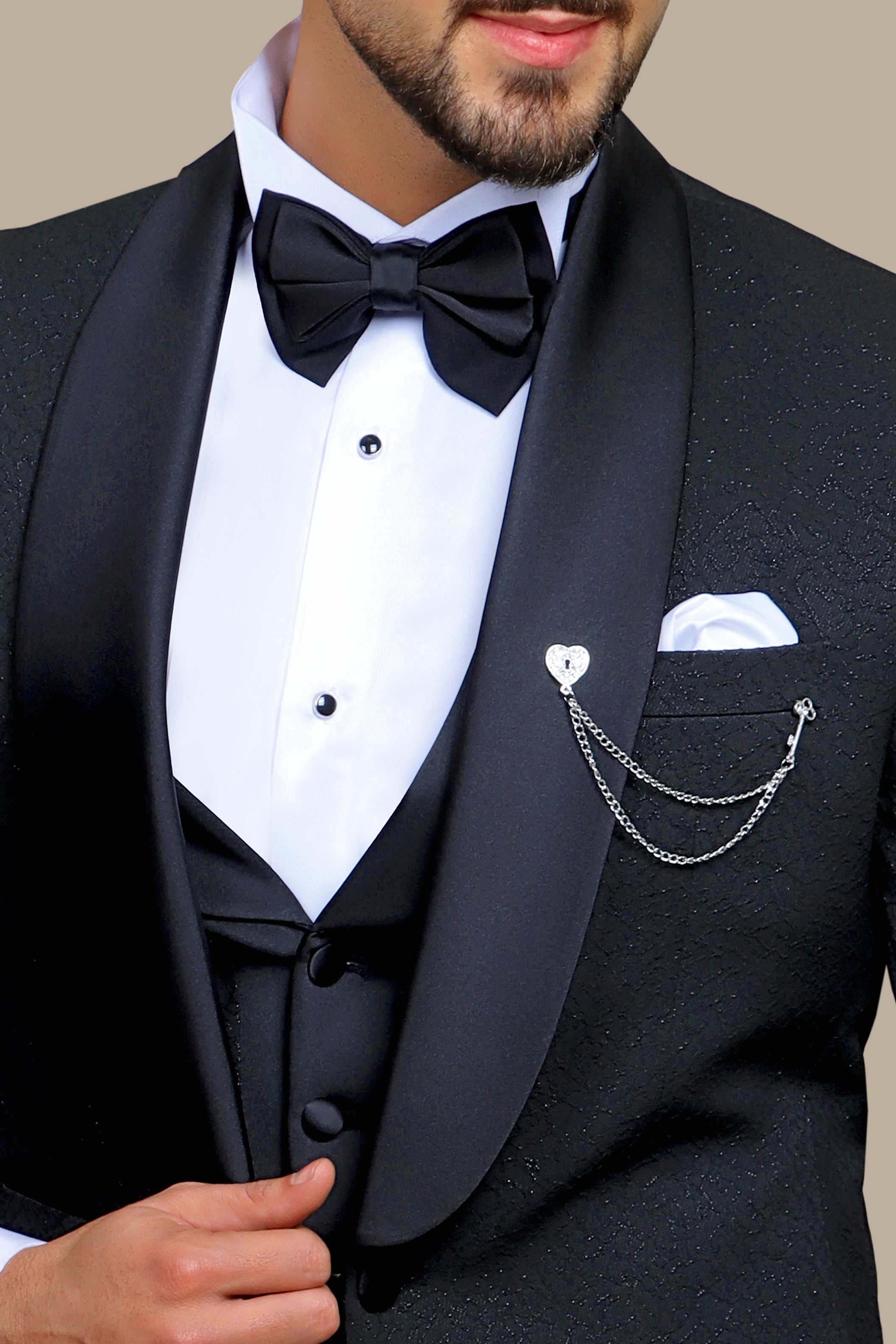 Elegant Ensemble: Black Jacquard Shawl Collar 4-Piece Tuxedo Set