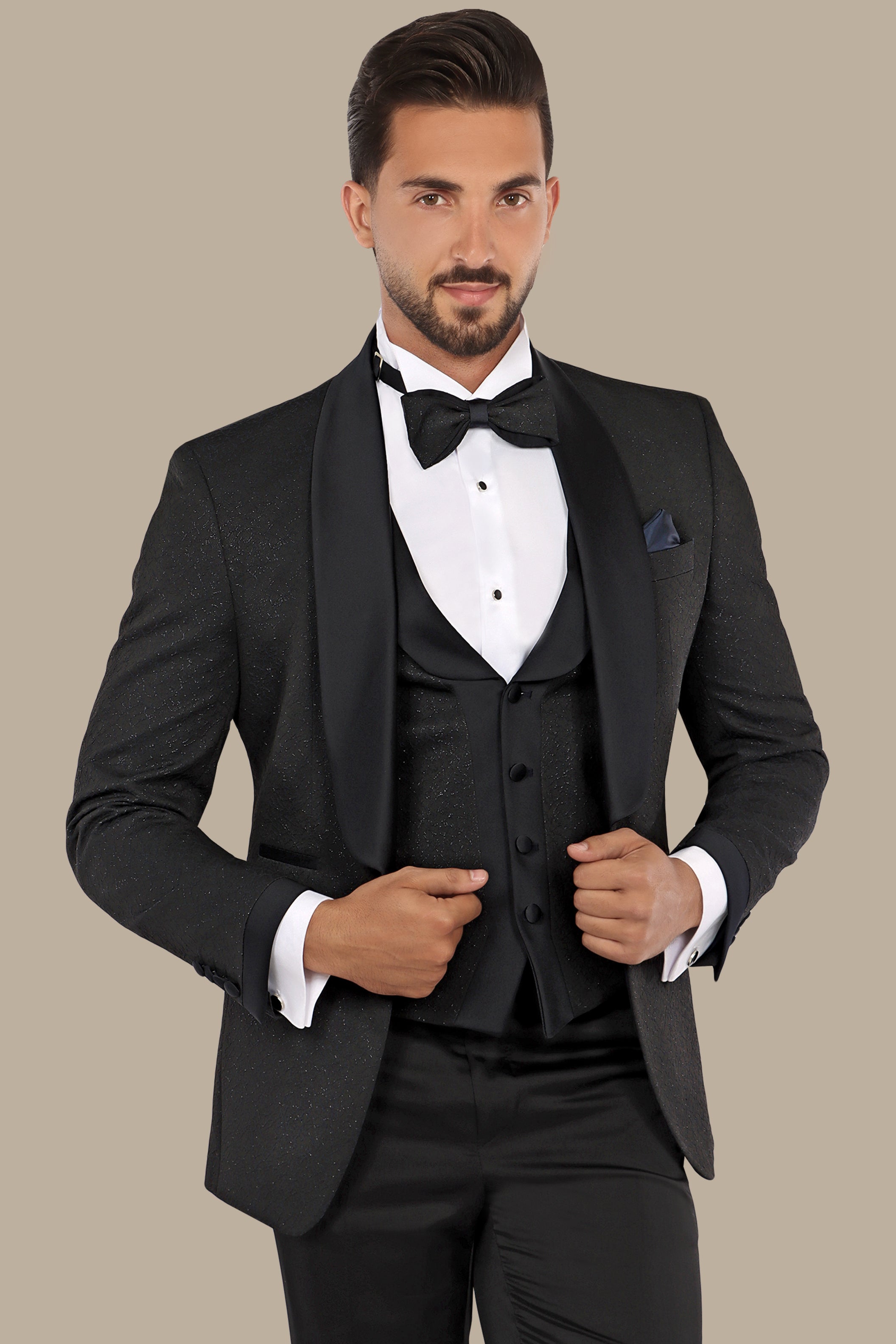 Elegant Ensemble: Black Jacquard Shawl Collar 4-Piece Tuxedo Set