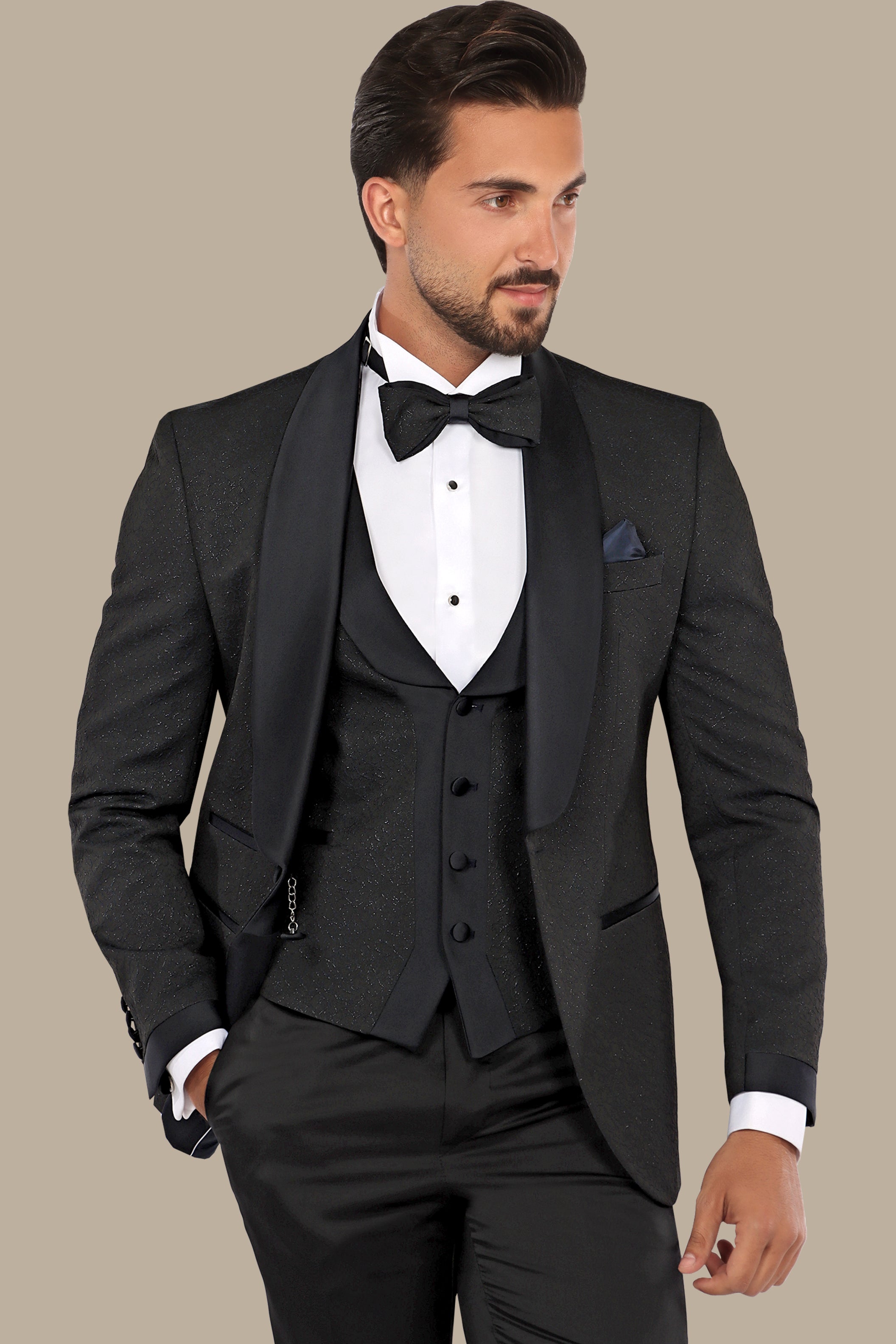 Elegant Ensemble: Black Jacquard Shawl Collar 4-Piece Tuxedo Set