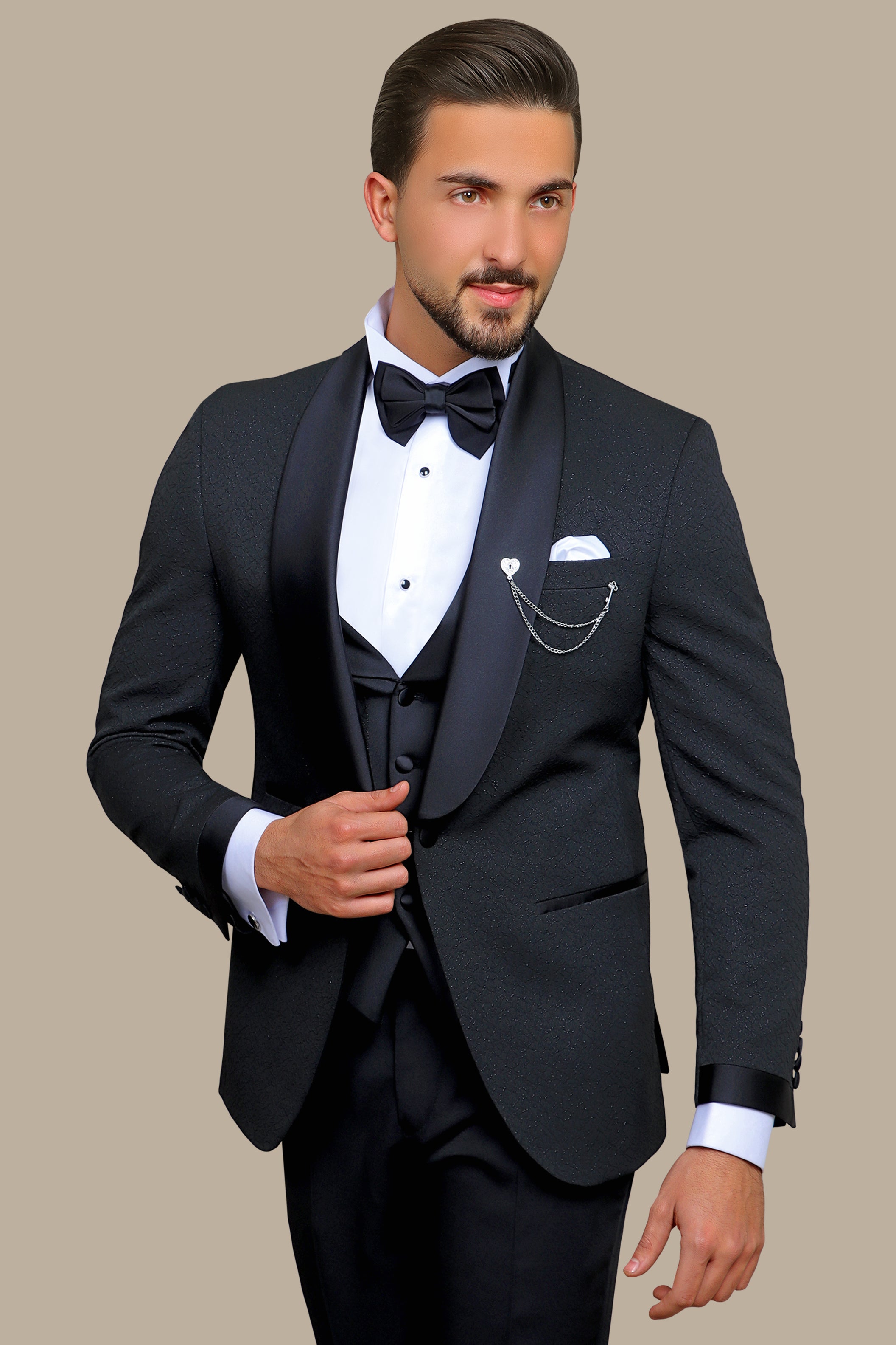 Elegant Ensemble: Black Jacquard Shawl Collar 4-Piece Tuxedo Set