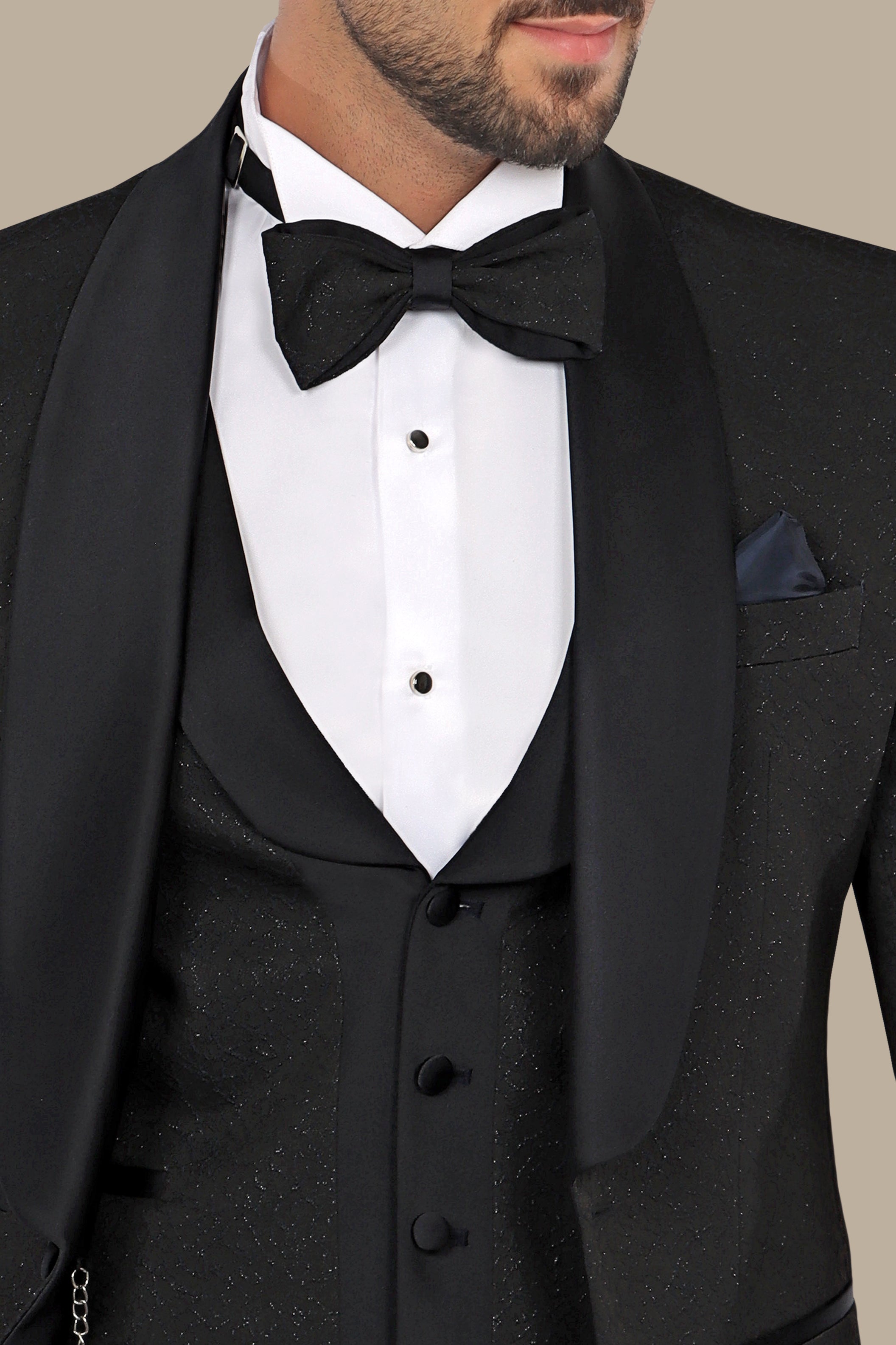 Elegant Ensemble: Black Jacquard Shawl Collar 4-Piece Tuxedo Set