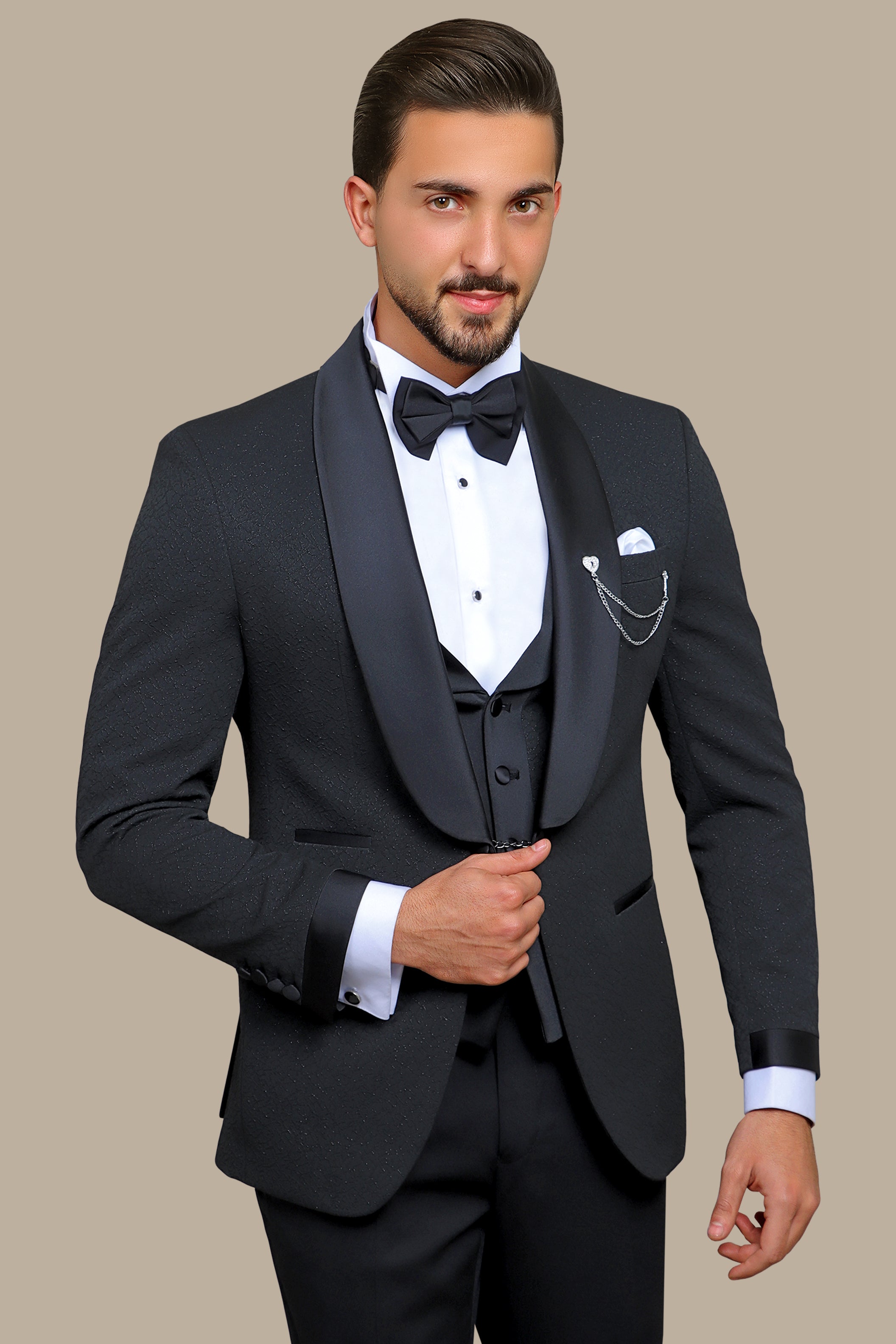 Elegant Ensemble: Black Jacquard Shawl Collar 4-Piece Tuxedo Set