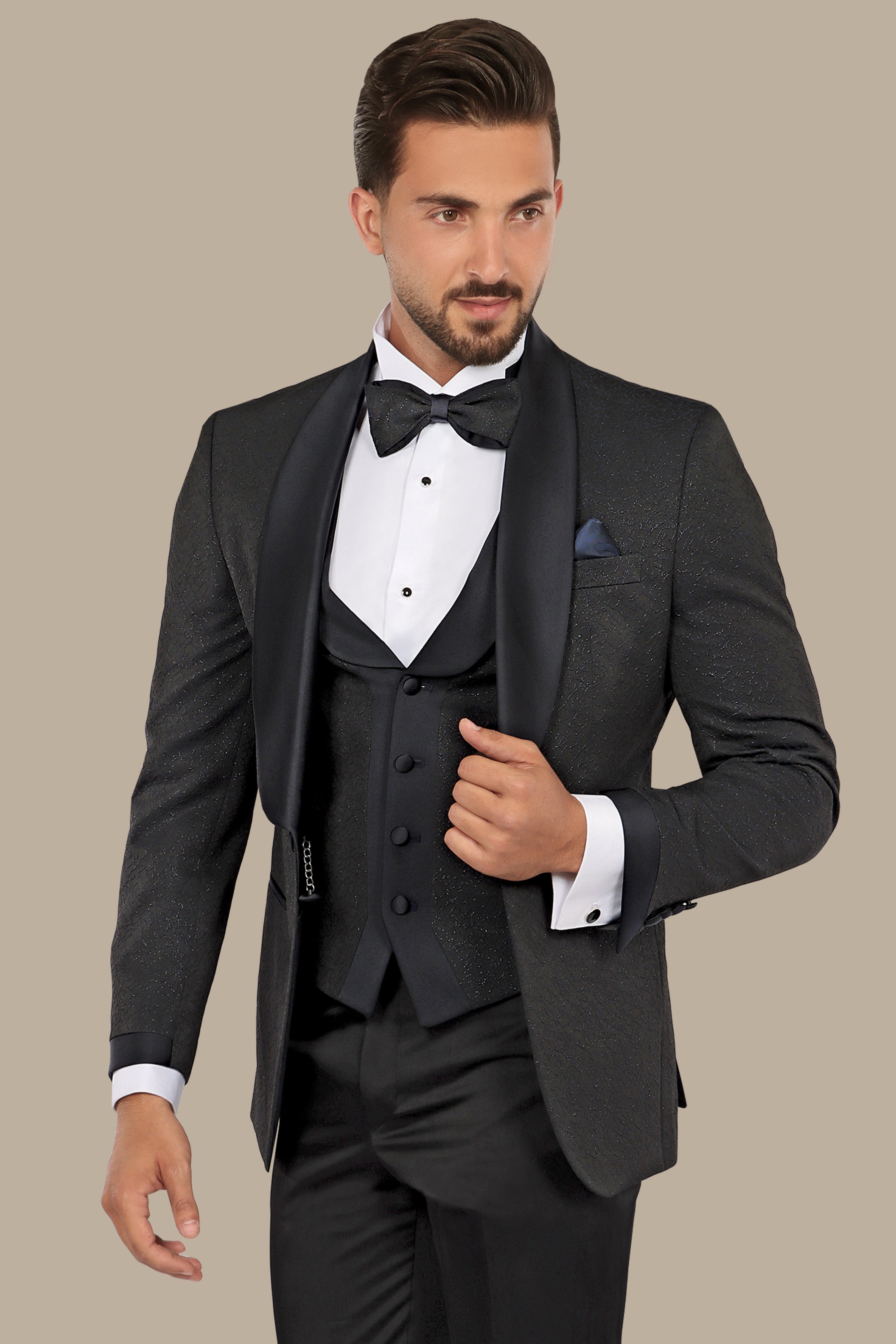 Elegant Ensemble: Black Jacquard Shawl Collar 4-Piece Tuxedo Set