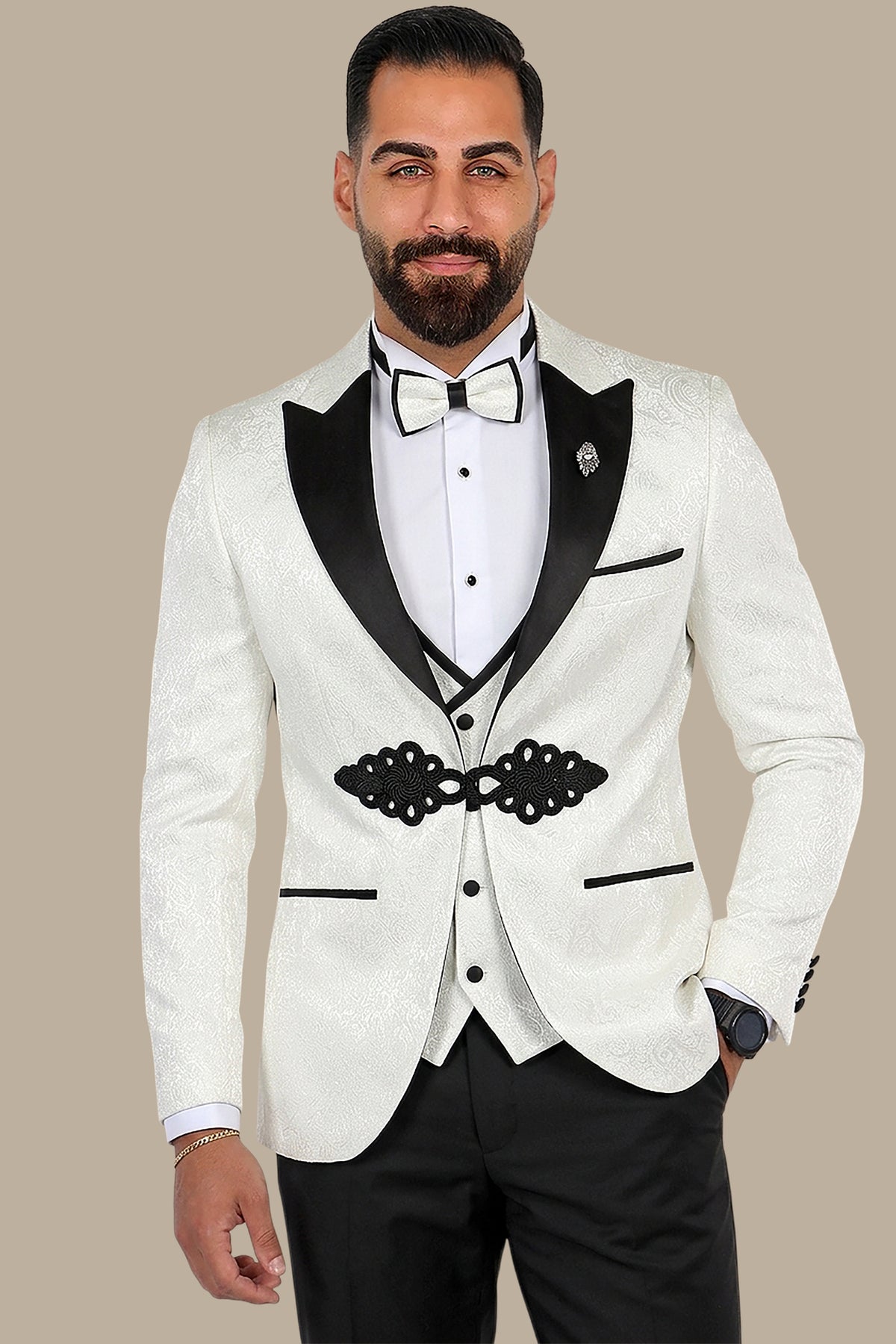 White Jacquard Peak Lapel Tuxedo Set with Crochet Detail