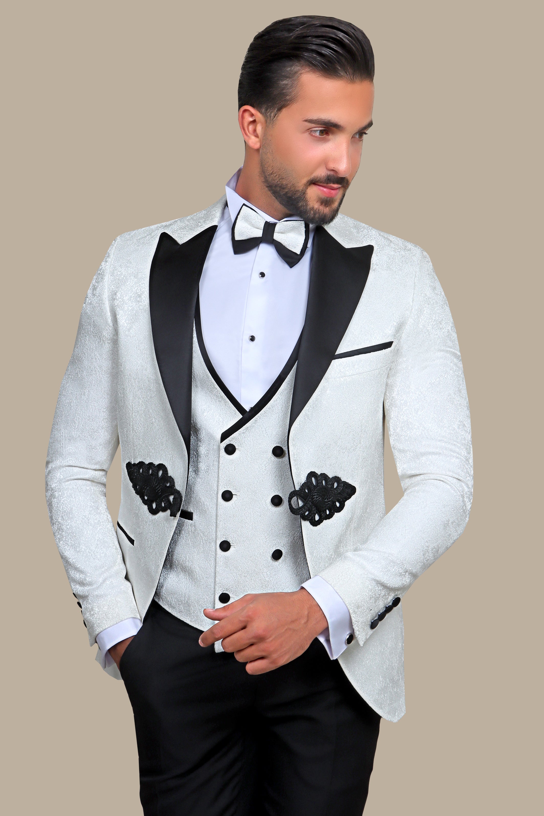 White Jacquard Peak Lapel Tuxedo Set with Crochet Detail