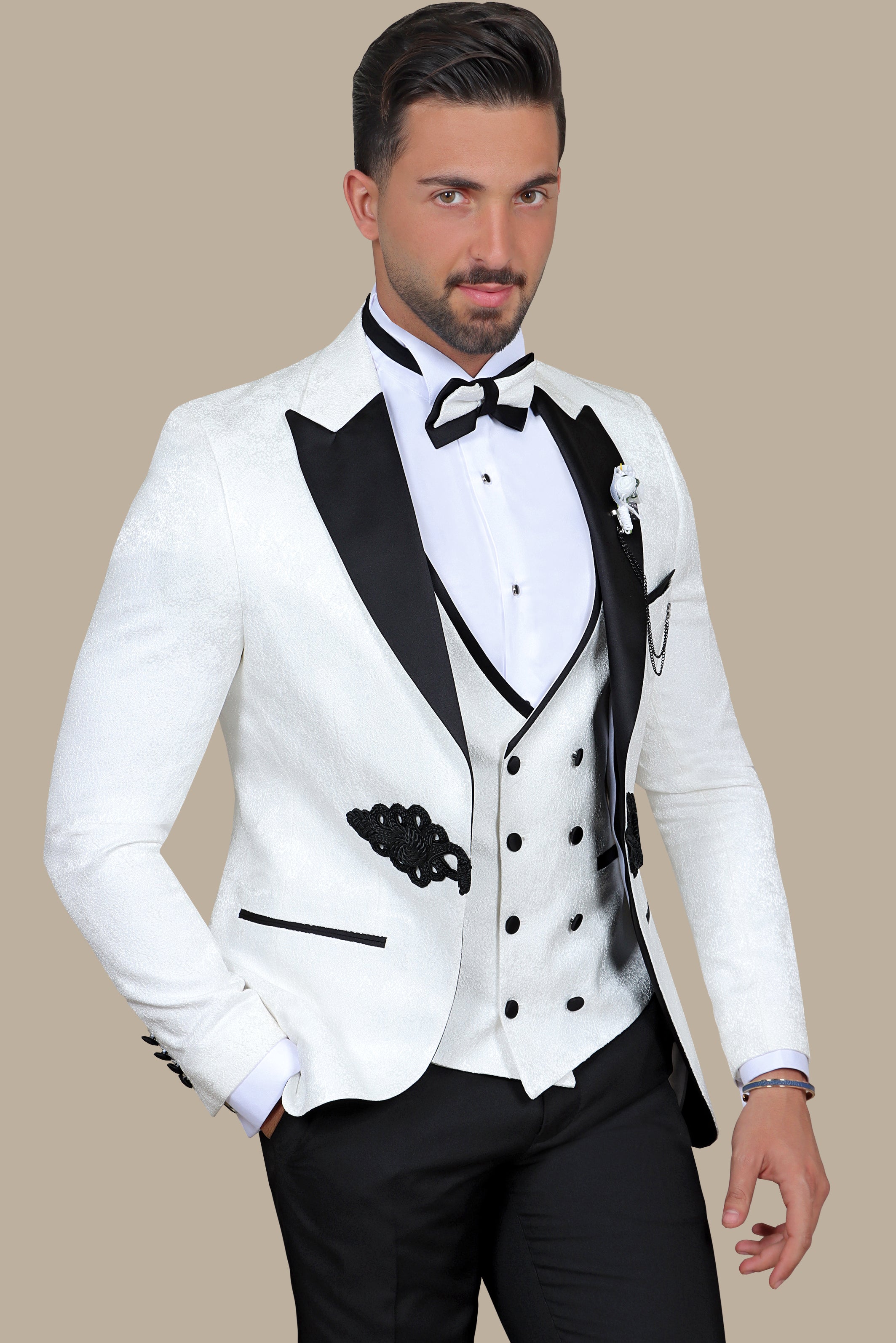 White Jacquard Peak Lapel Tuxedo Set with Crochet Detail