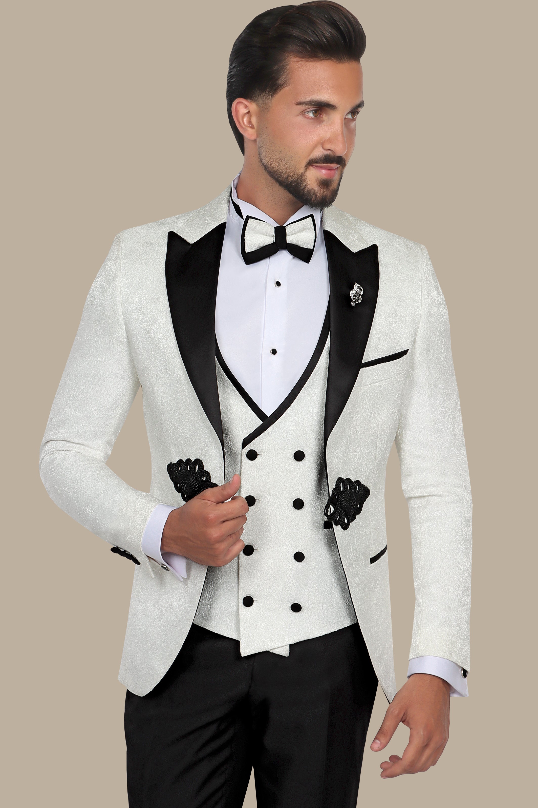 White Jacquard Peak Lapel Tuxedo Set with Crochet Detail