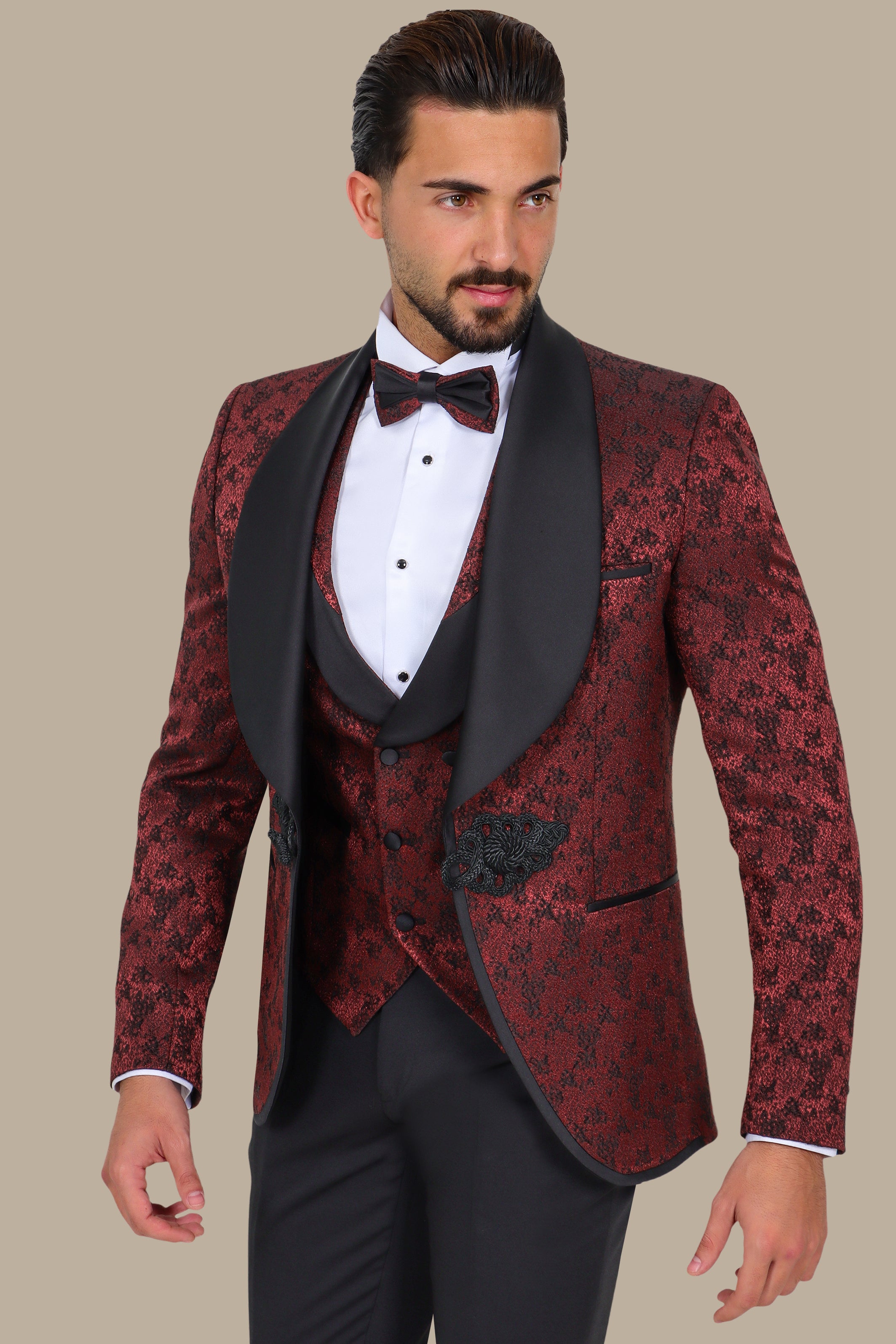 Burgundy Jacquard Tuxedo with Croche Colchale – 4 Piece