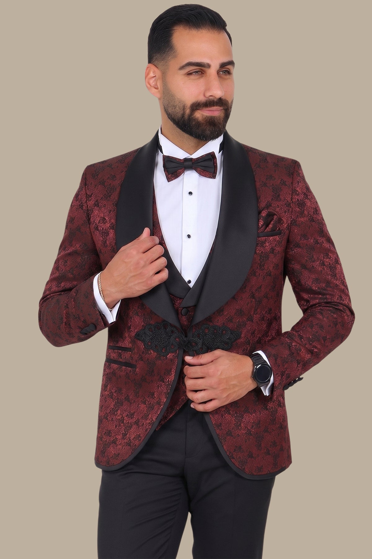 Burgundy Jacquard Tuxedo with Croche Colchale – 4 Piece