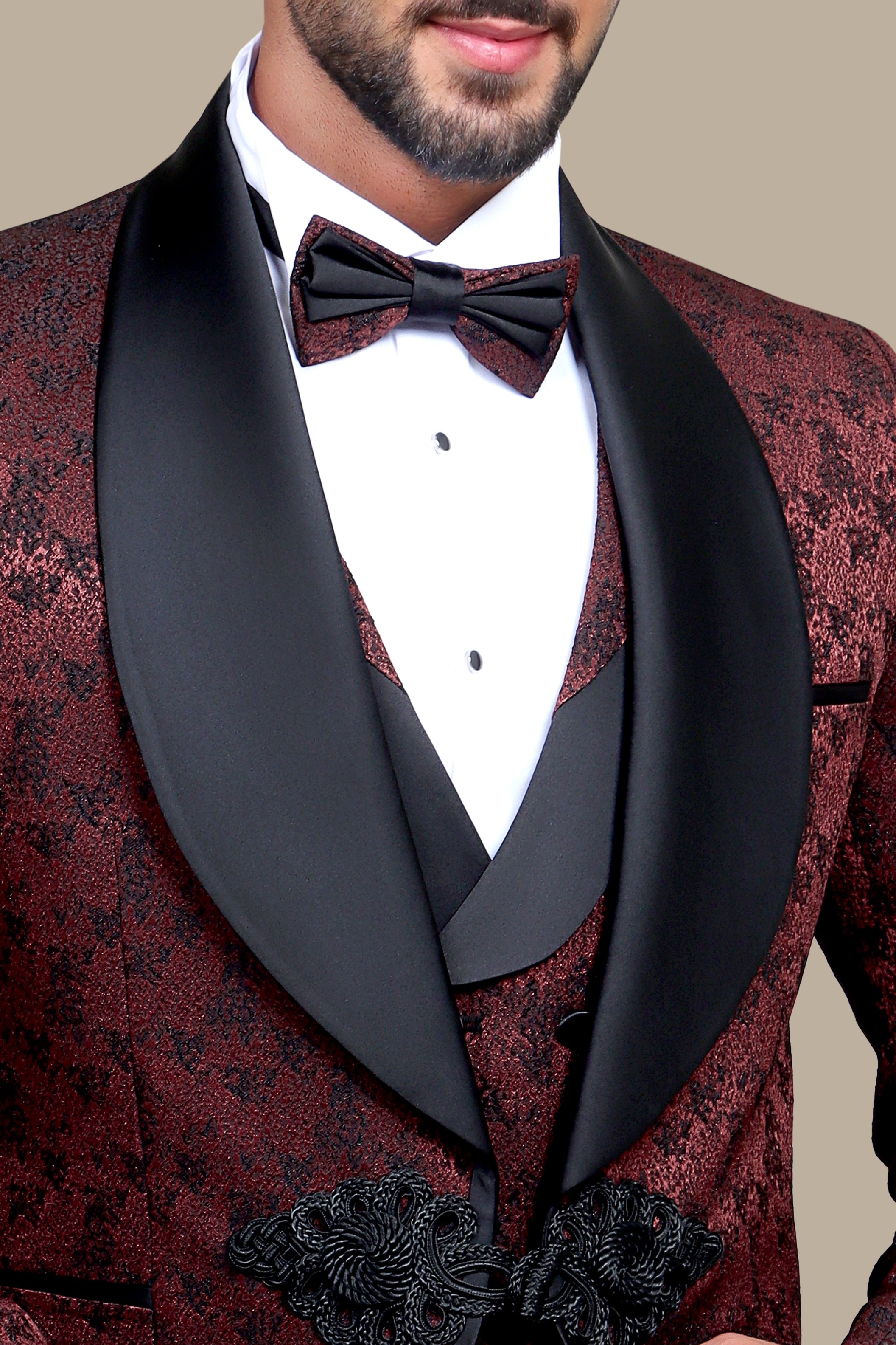 Burgundy Jacquard Tuxedo with Croche Colchale – 4 Piece