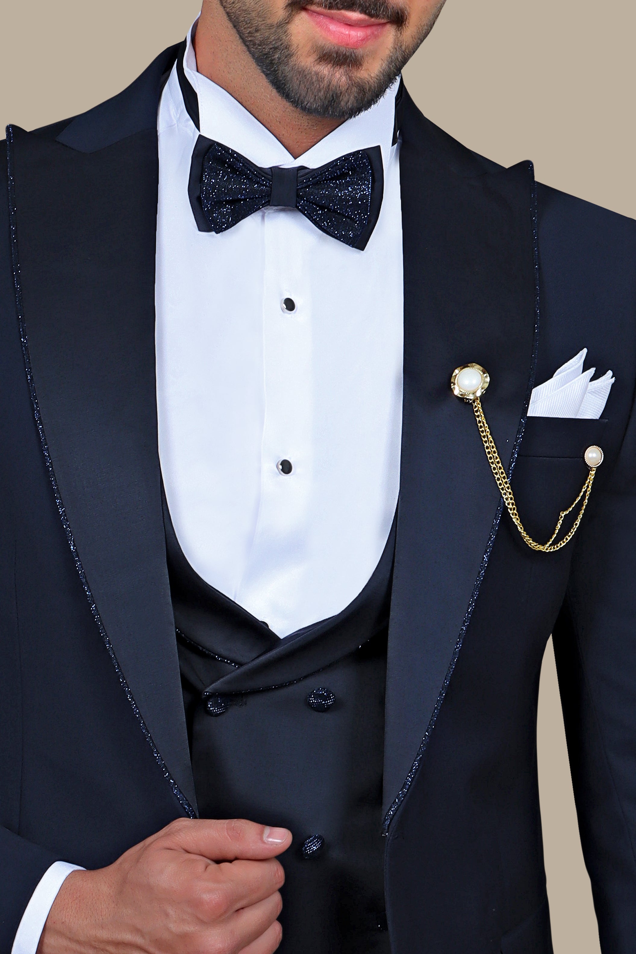 Navy Elegance with Glitter Piping: 4-Piece Tuxedo Set