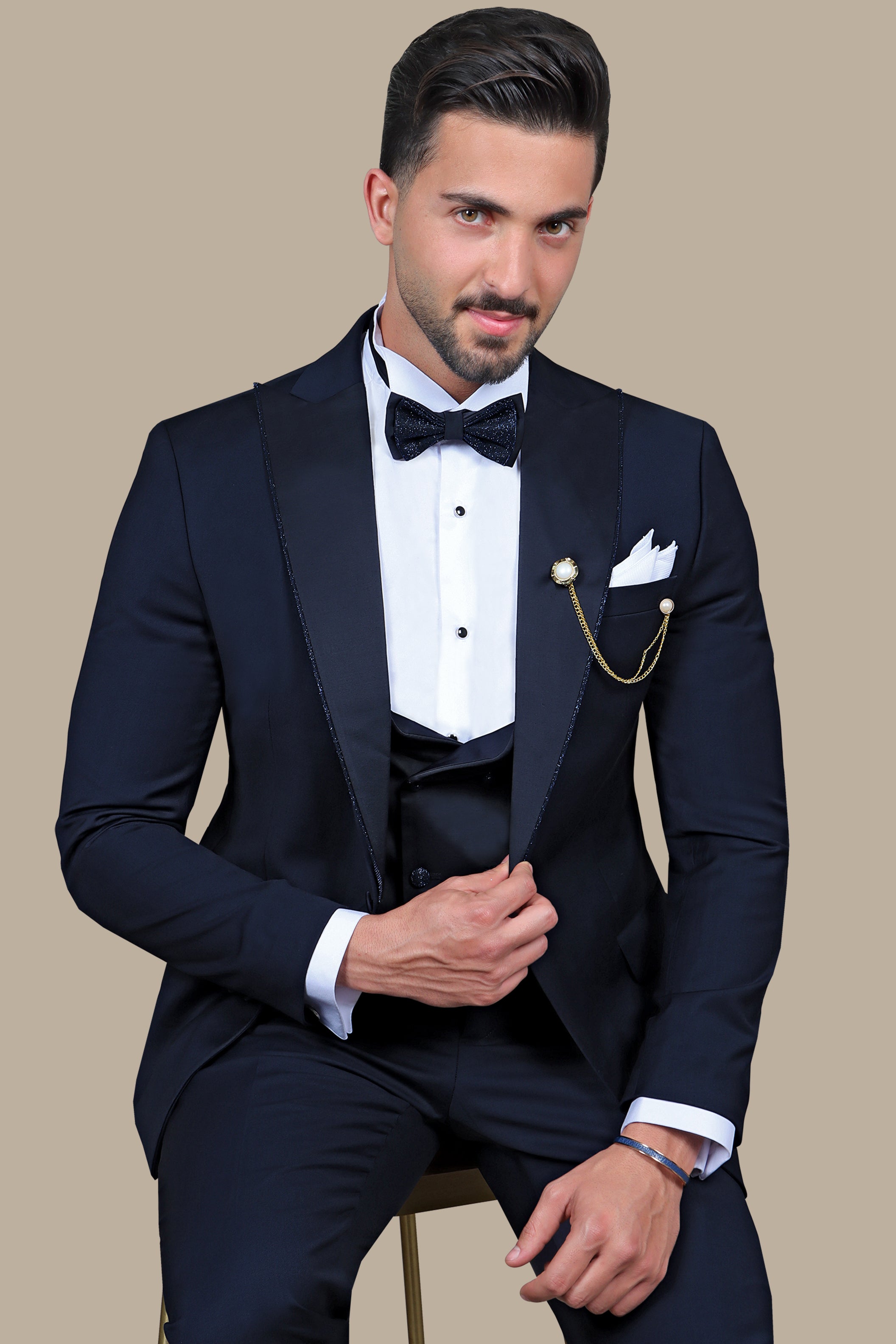 Navy Elegance with Glitter Piping: 4-Piece Tuxedo Set