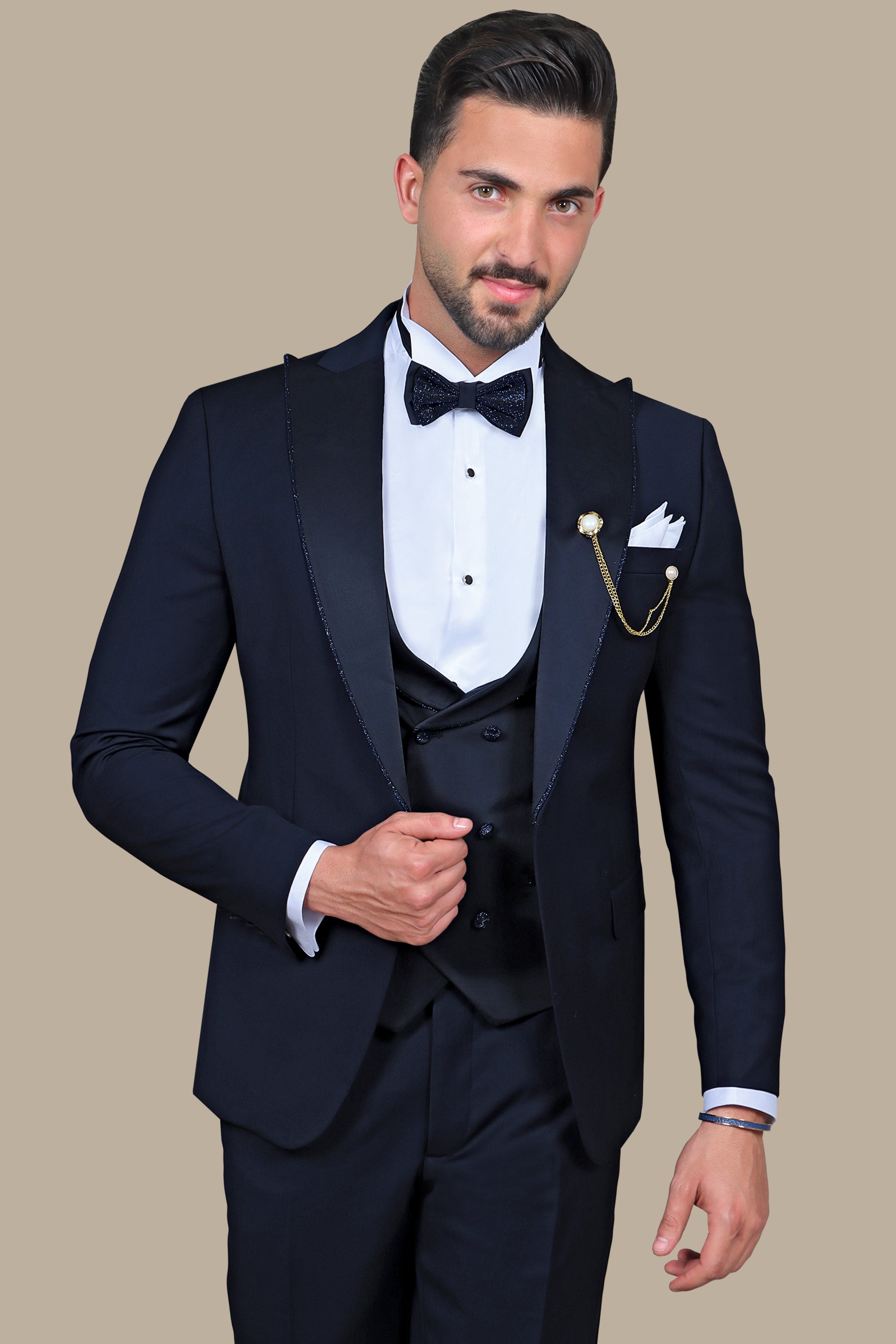 Navy Elegance with Glitter Piping: 4-Piece Tuxedo Set