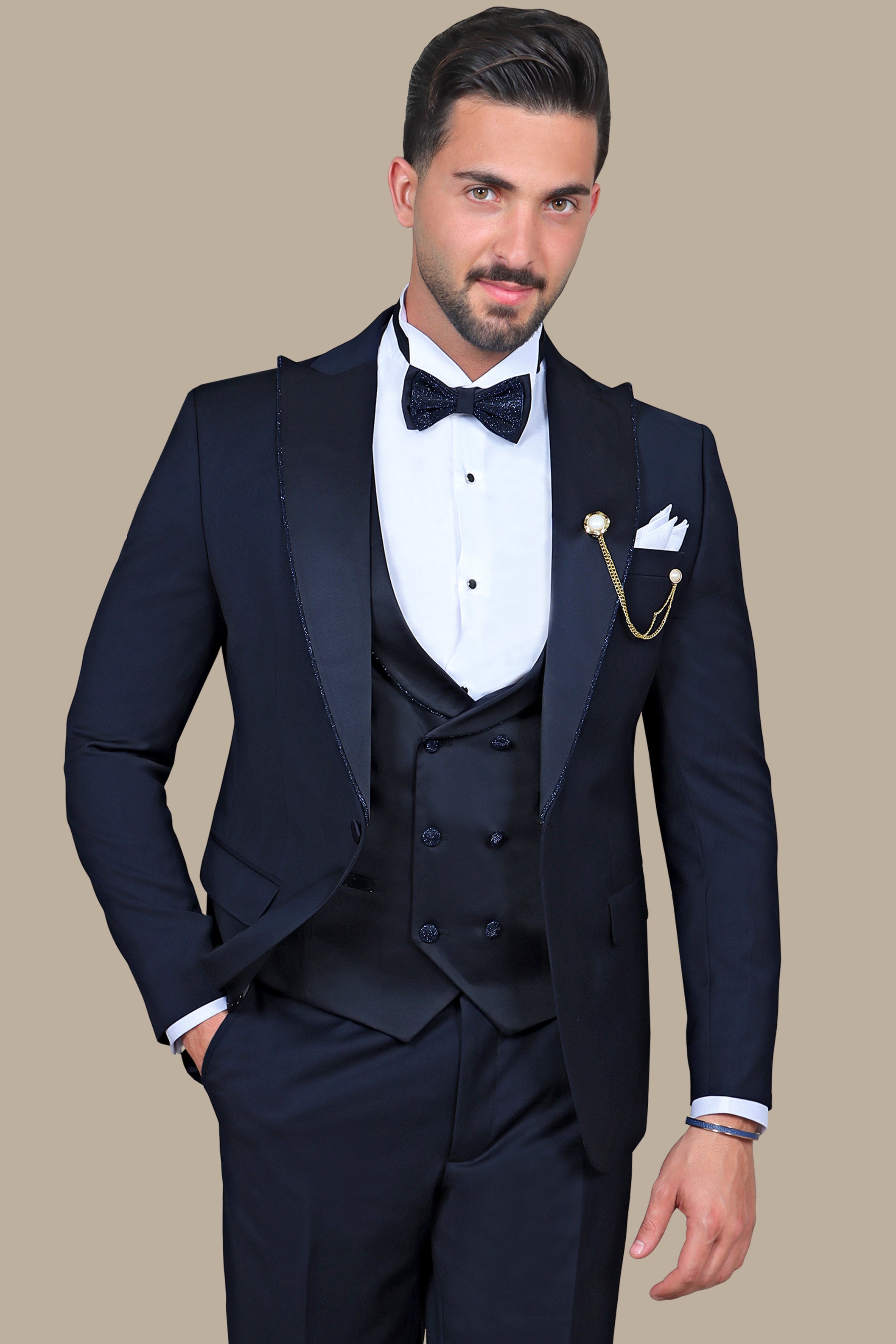 Navy Elegance with Glitter Piping: 4-Piece Tuxedo Set